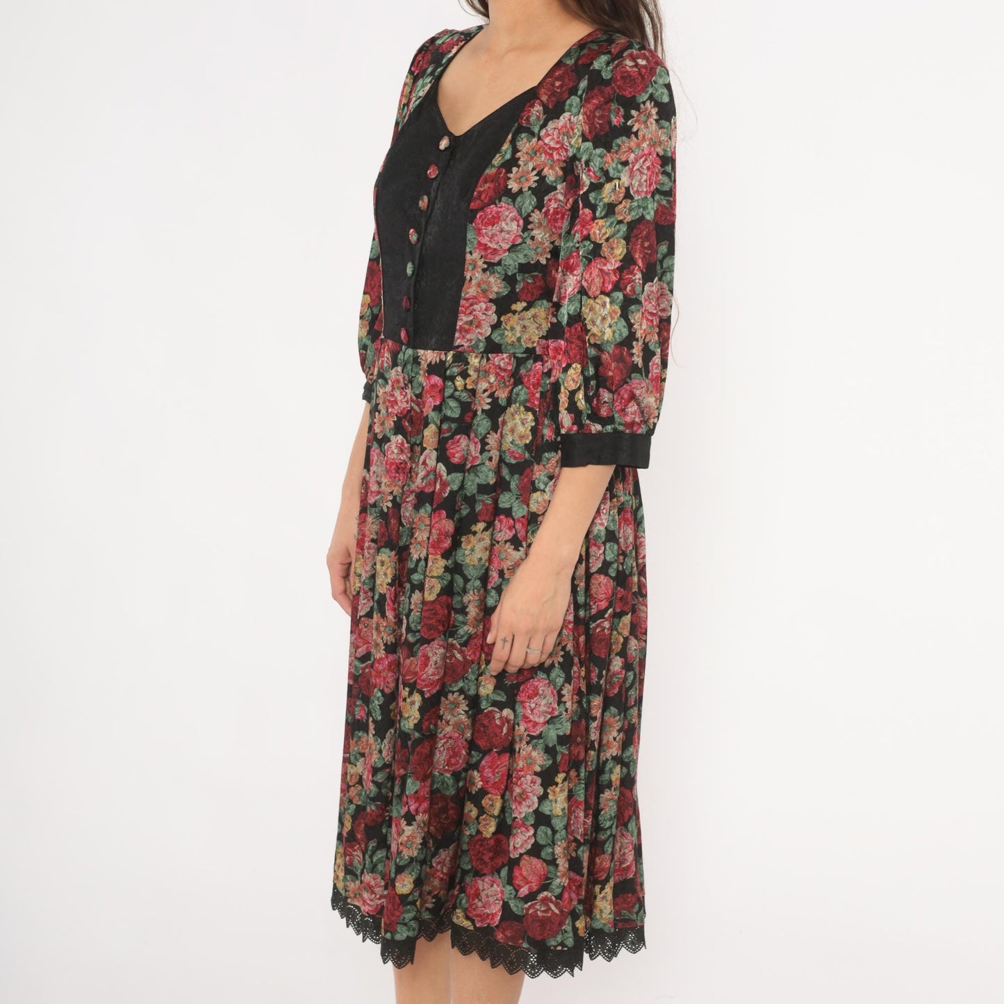 90s Rose Dirndl Dark Floral Midi Dress Black Sweetheart Neckline Medium M