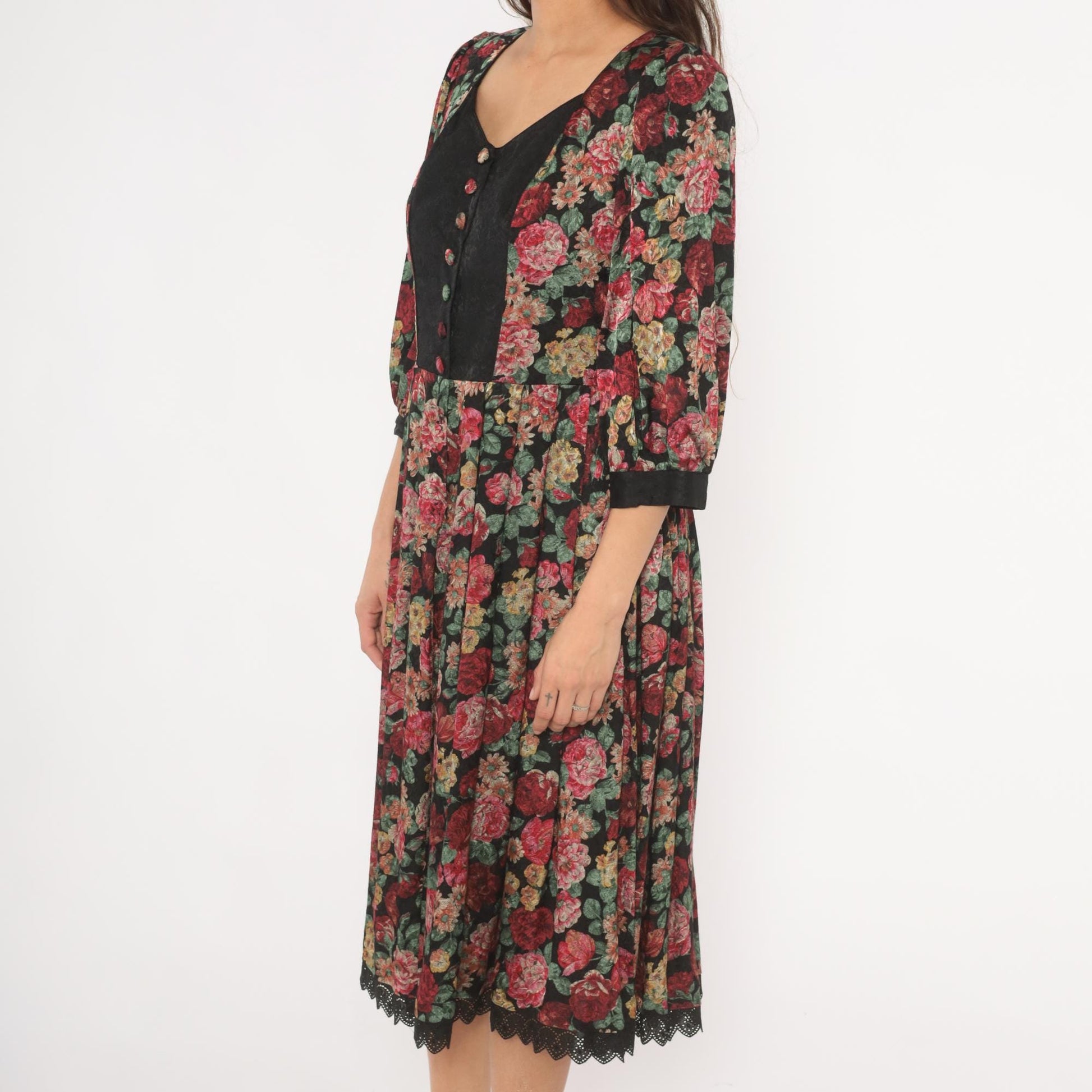 90s Rose Dirndl Dark Floral Midi Dress Black Sweetheart Neckline Medium M