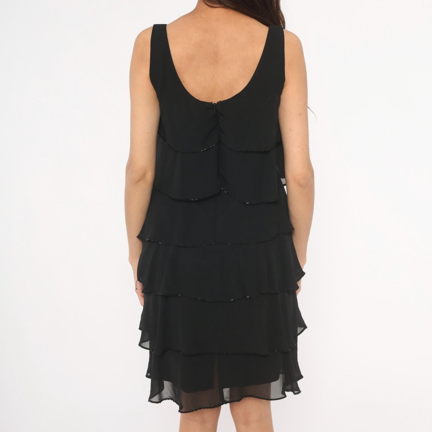90s Patra Black Chiffon Tiered Ruffle Mini Dress Beaded Trim Medium M