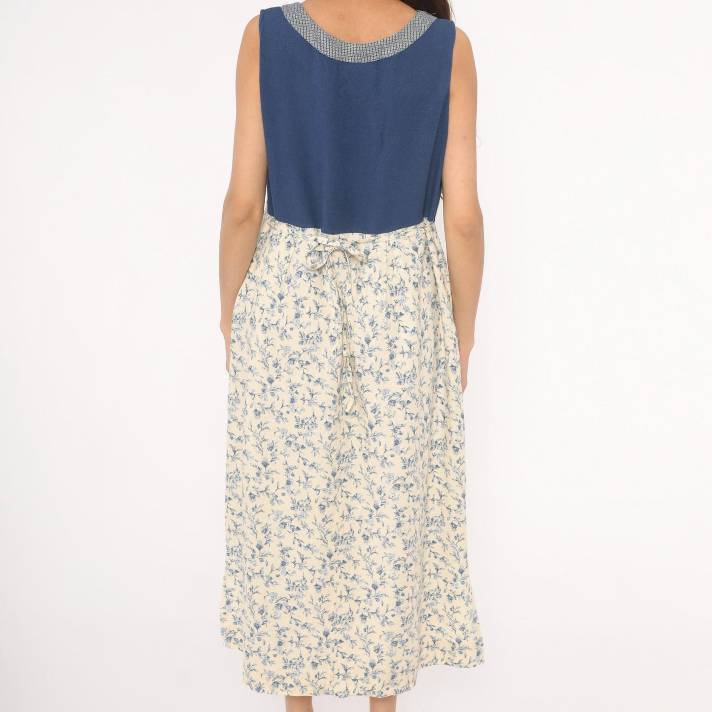90s Napa Valley Floral Jumper Dress Blue Cream Linen Midi Large L