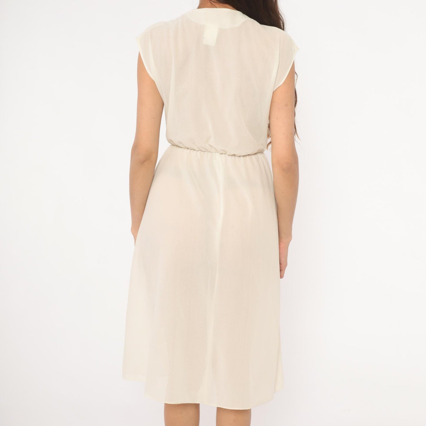70s Oops Cream Wrap Dress V-Neck Cap Sleeve Midi Ivory Small S