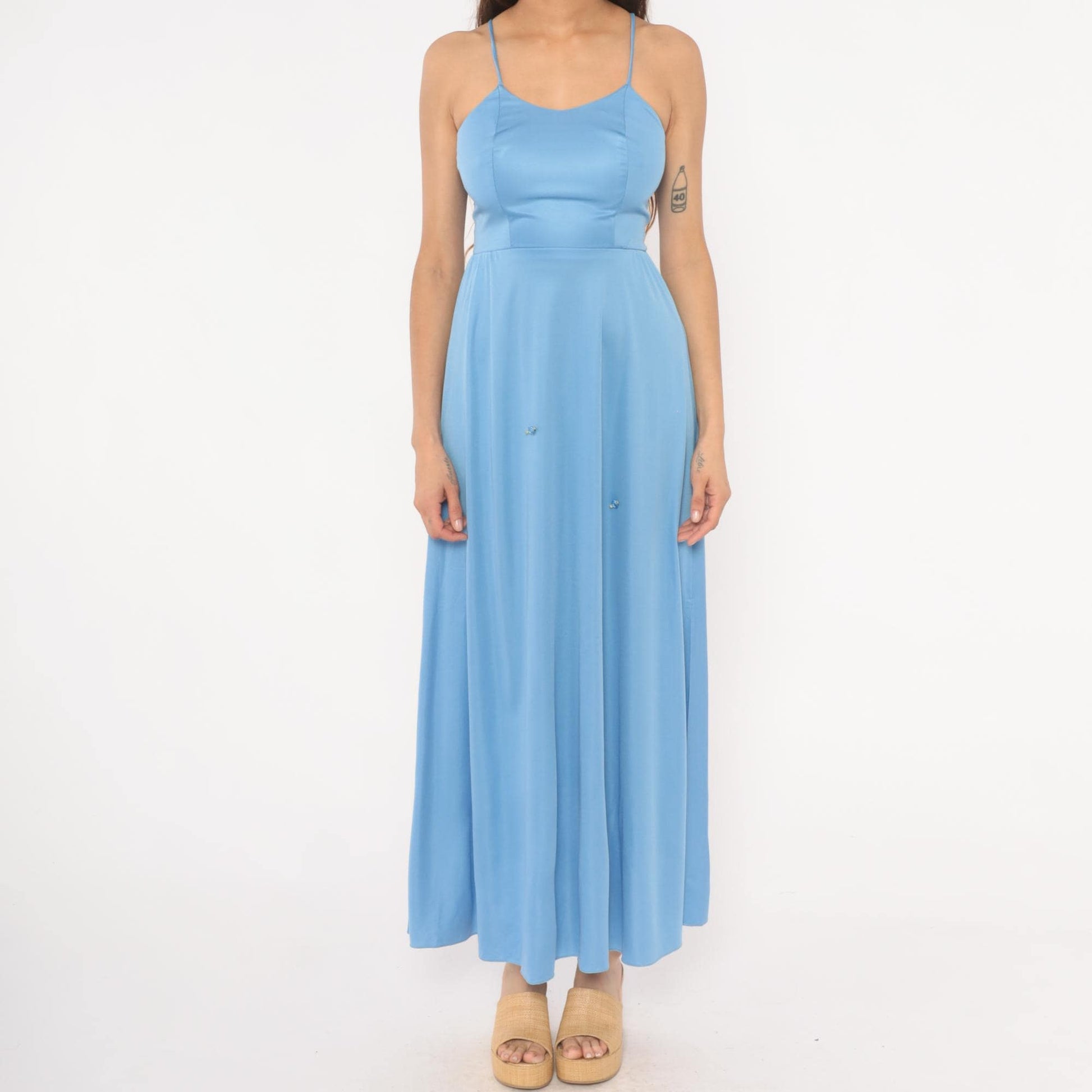 70s Sky Blue Maxi Dress Spaghetti Strap Rosette Detail Side Slit Extra Small XS