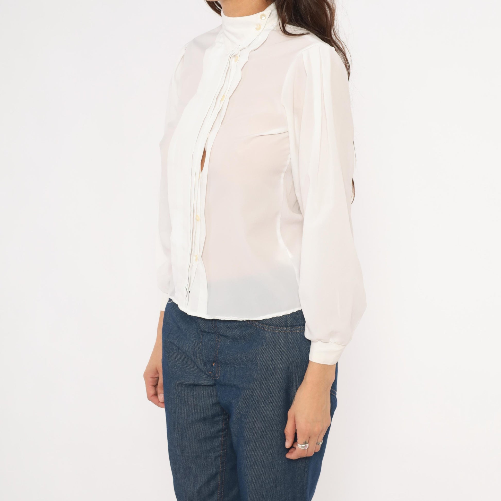 80s Kanga Sport White Pintuck Blouse Puff Sleeve High Collar Small S