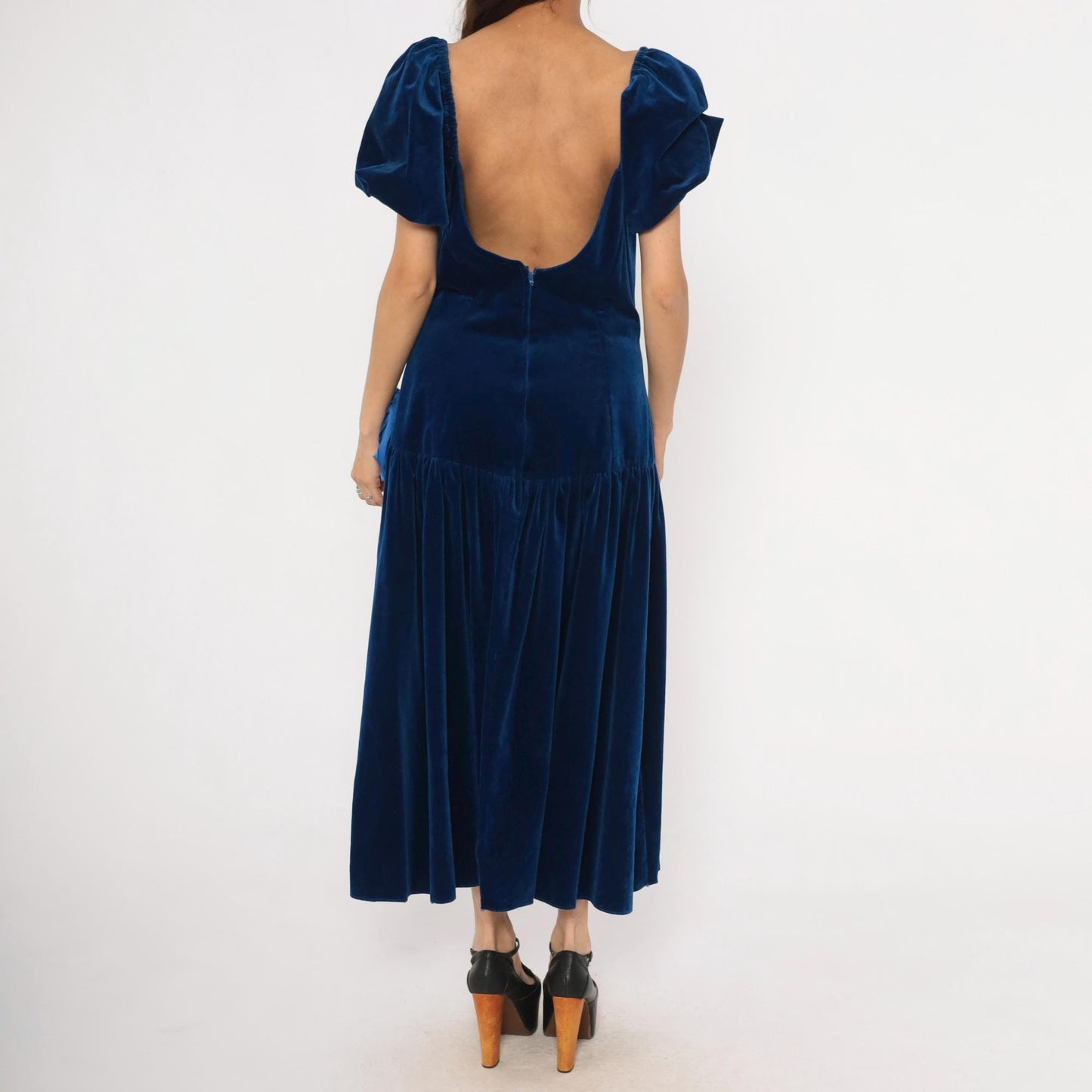 80s Bianchi Navy Velvet Maxi Gown Puff Sleeve Drop Waist Rosette Large L