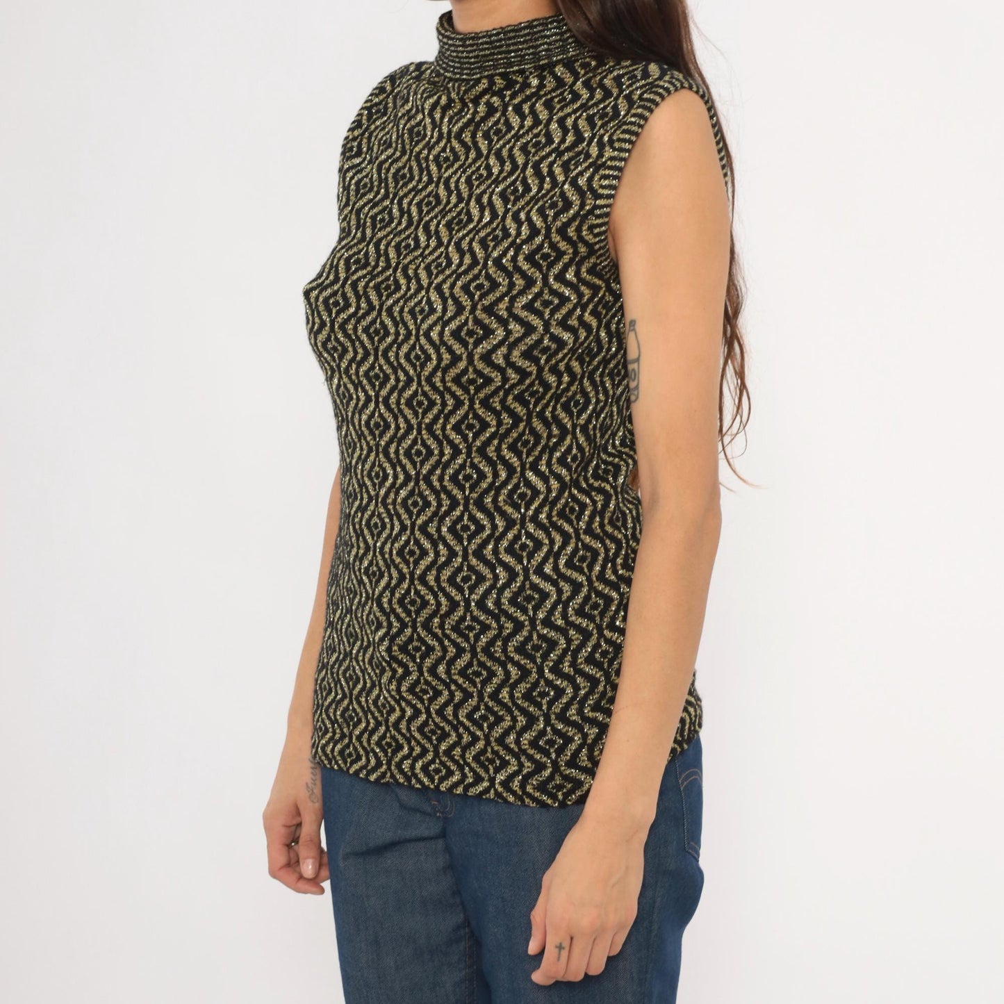 90s Black Gold Metallic Knit Mock Neck Tank Geometric Diamond Pattern Medium