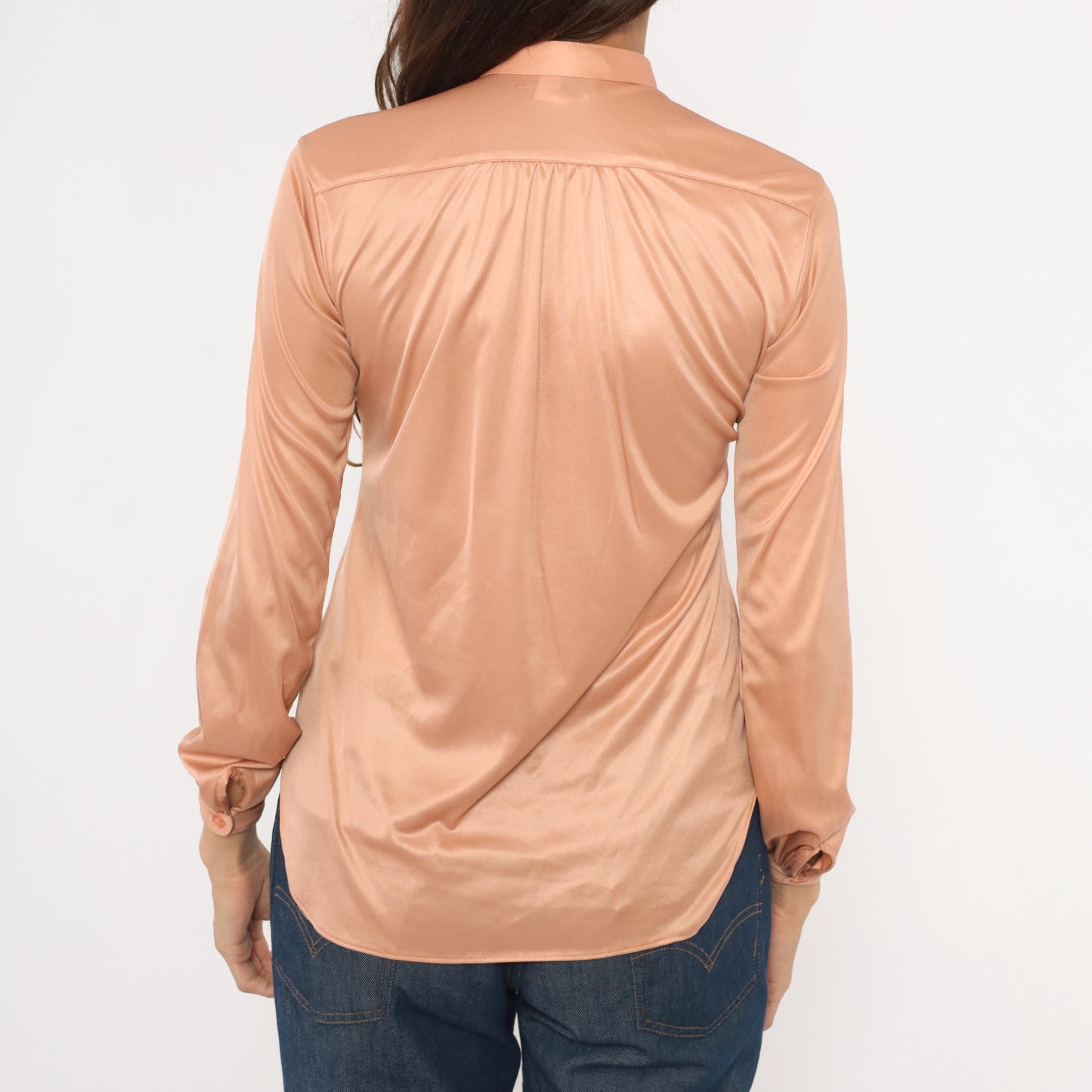 70s Spices Blush Pink Satin Blouse Mandarin Collar Long Sleeve Medium M