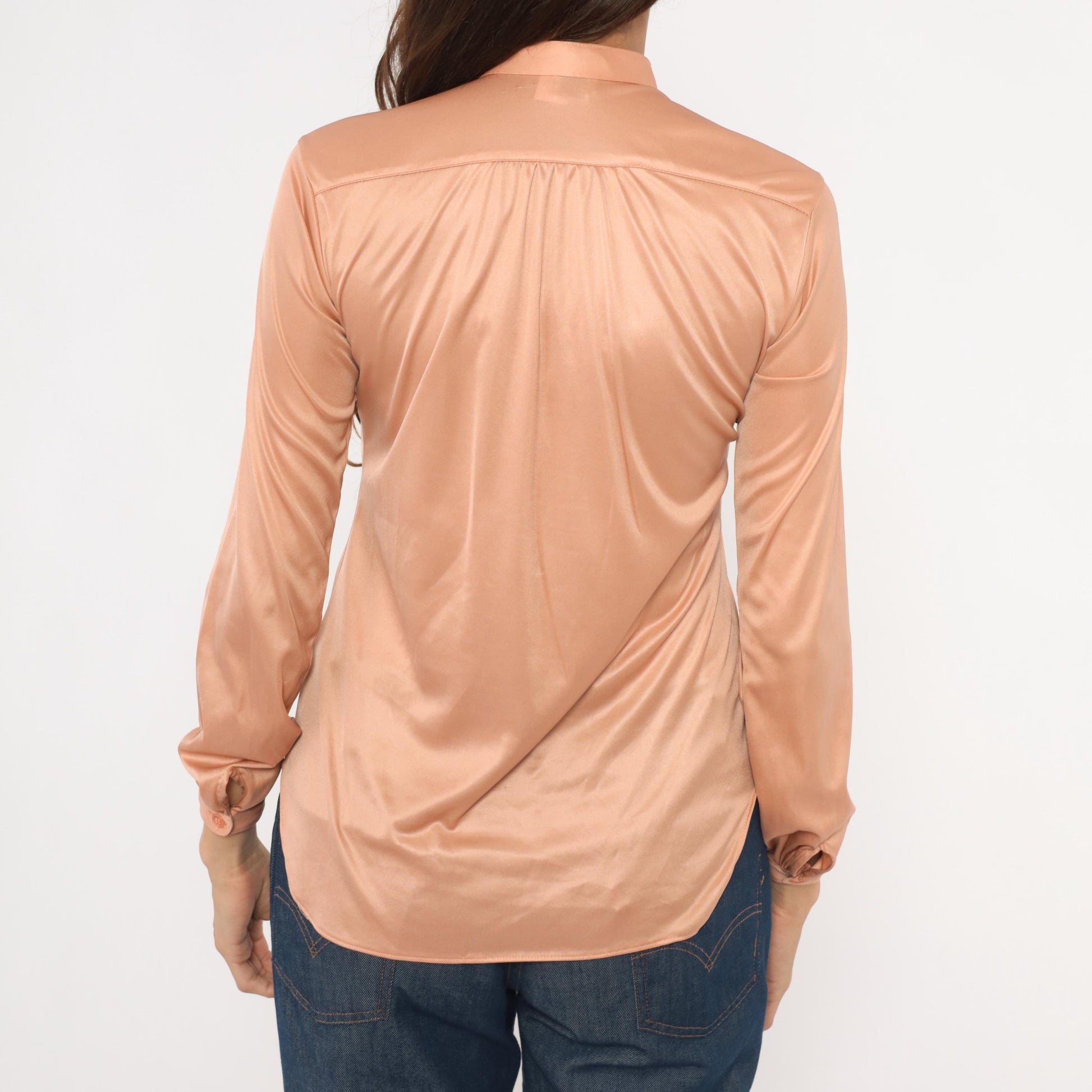 70s Spices Blush Pink Satin Blouse Mandarin Collar Long Sleeve Medium M