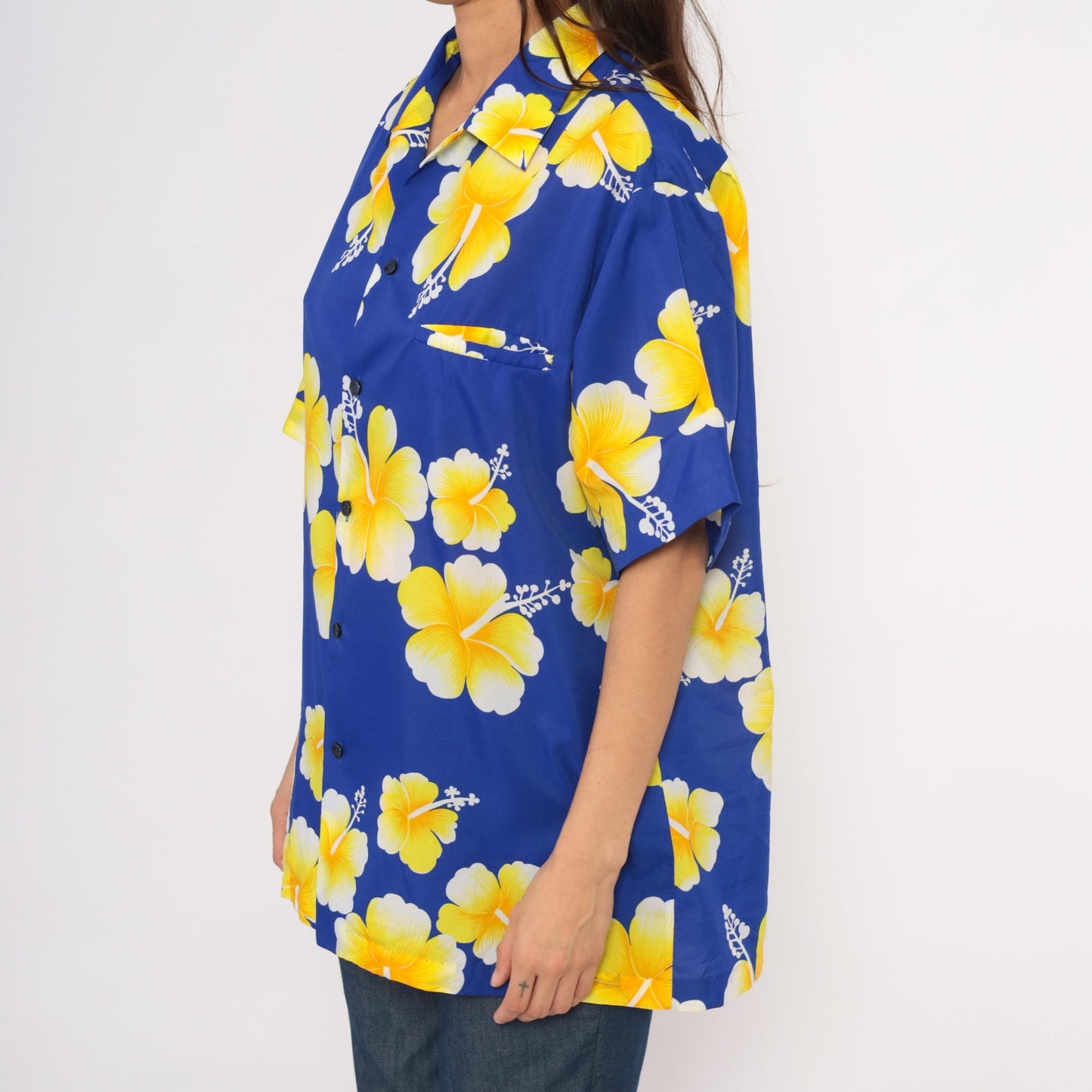 90s Hilo Hatties Hawaiian Hibiscus Shirt Cobalt Blue Yellow Camp Collar Extra Large XL