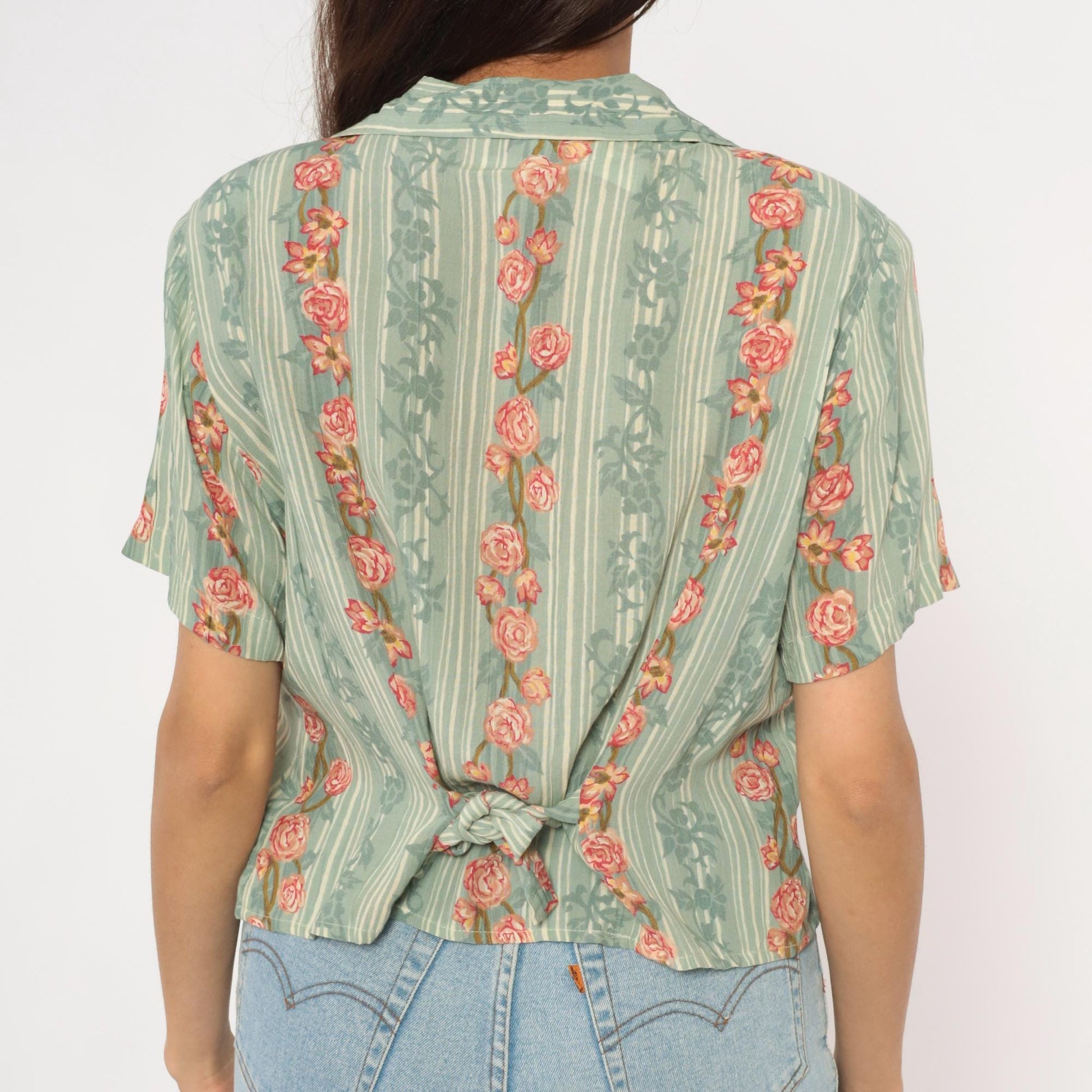 90s ICI Sage Green Striped Rose Vine Blouse V Neck Crop Top Large L