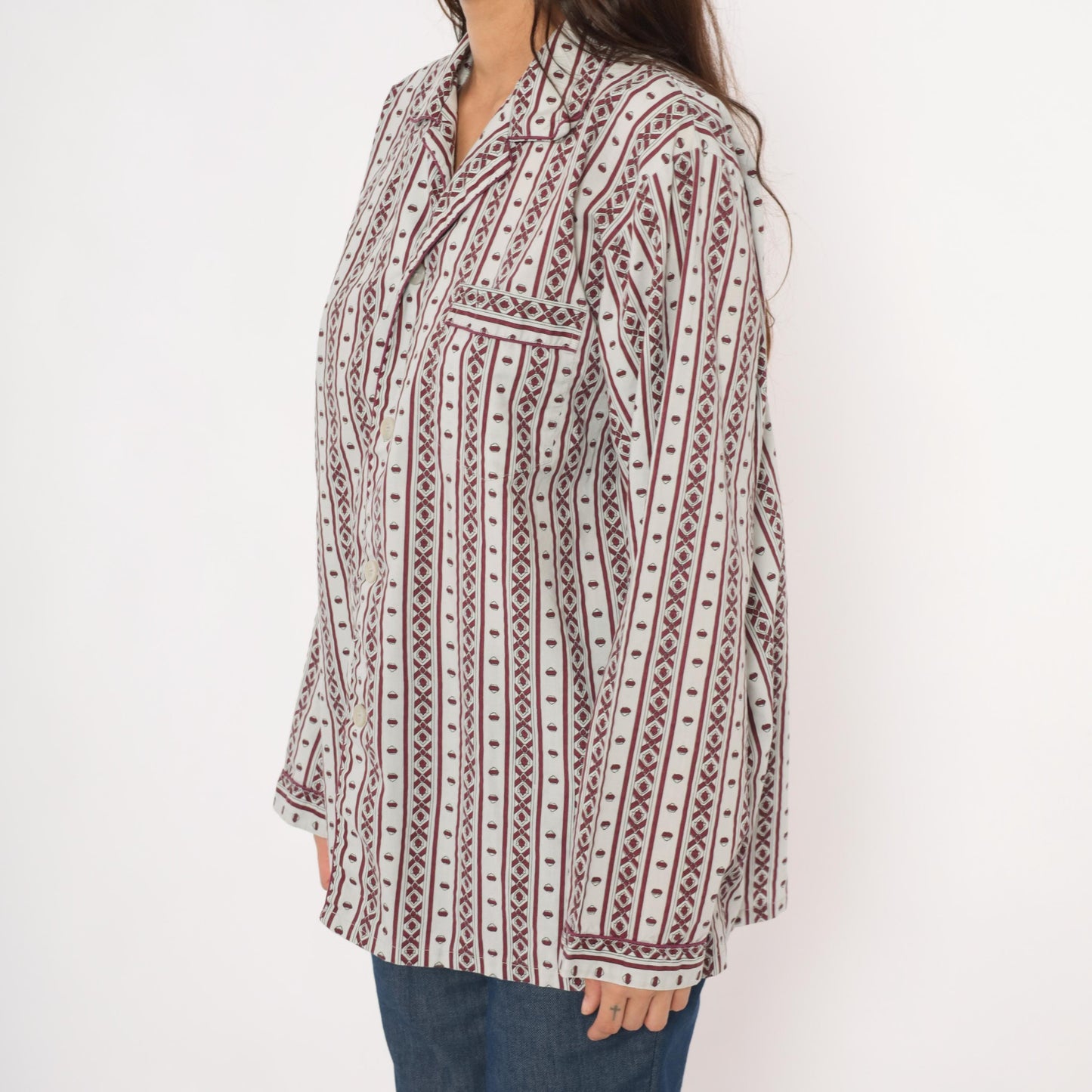 80s MTL Classics Pajama Shirt Geometric Stripe Burgundy Grey Notched Collar Large