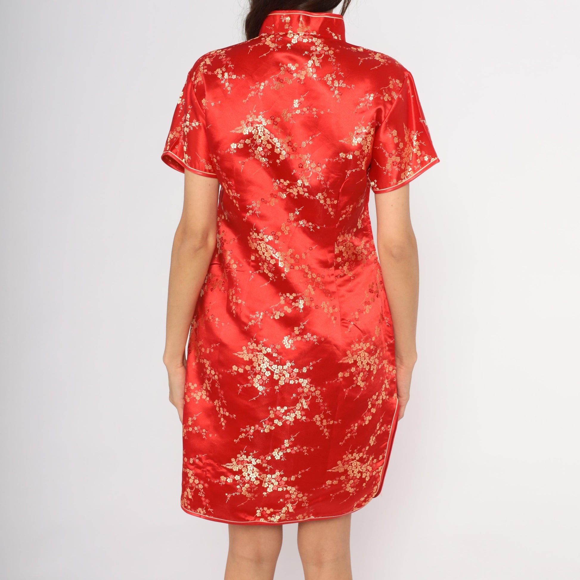 80s Xuan Tang Red Cheongsam Gold Cherry Blossom Qipao Plus Size XXL