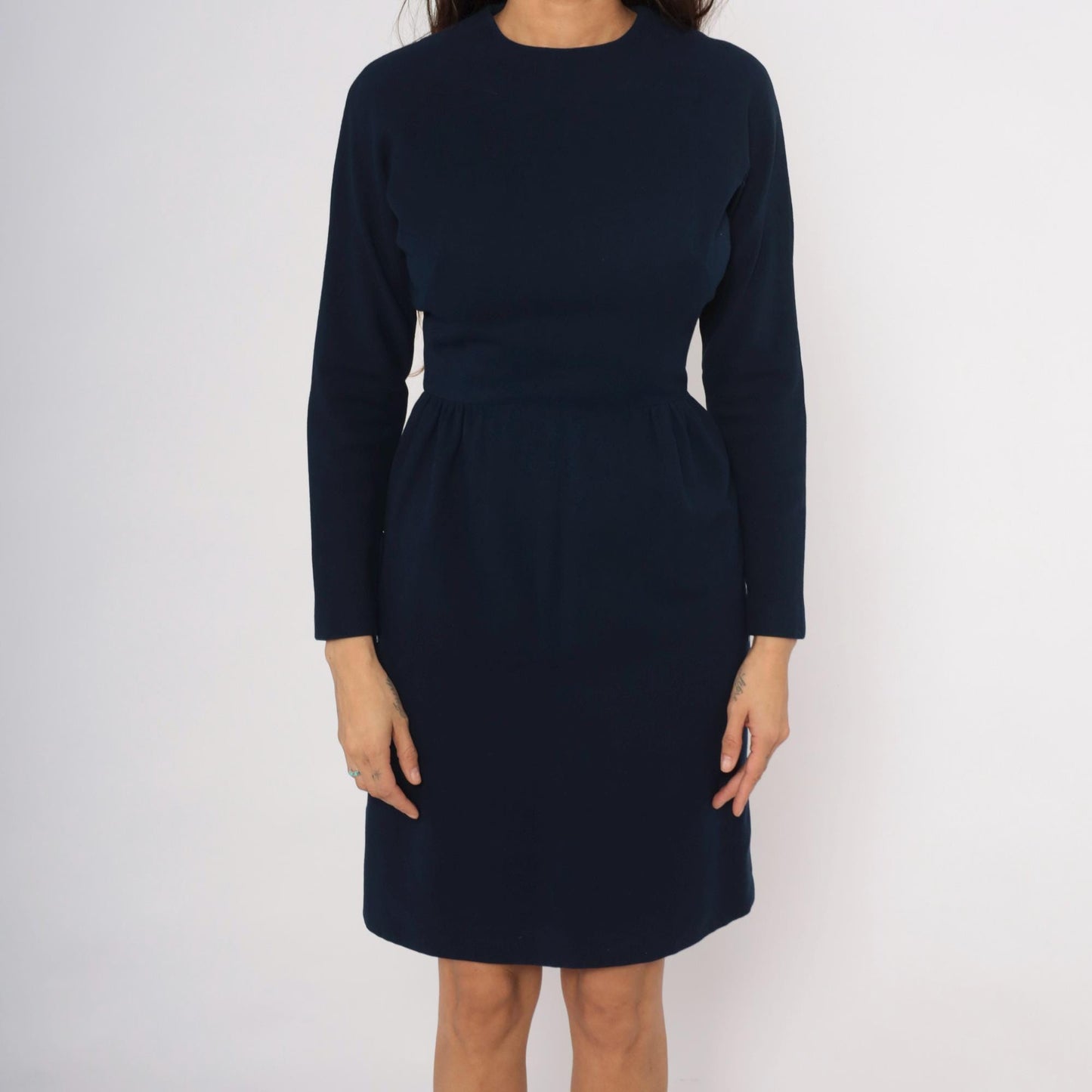 1950s Junior Sophisticates Navy Wool Dress Gathered Waist Knee Length Small