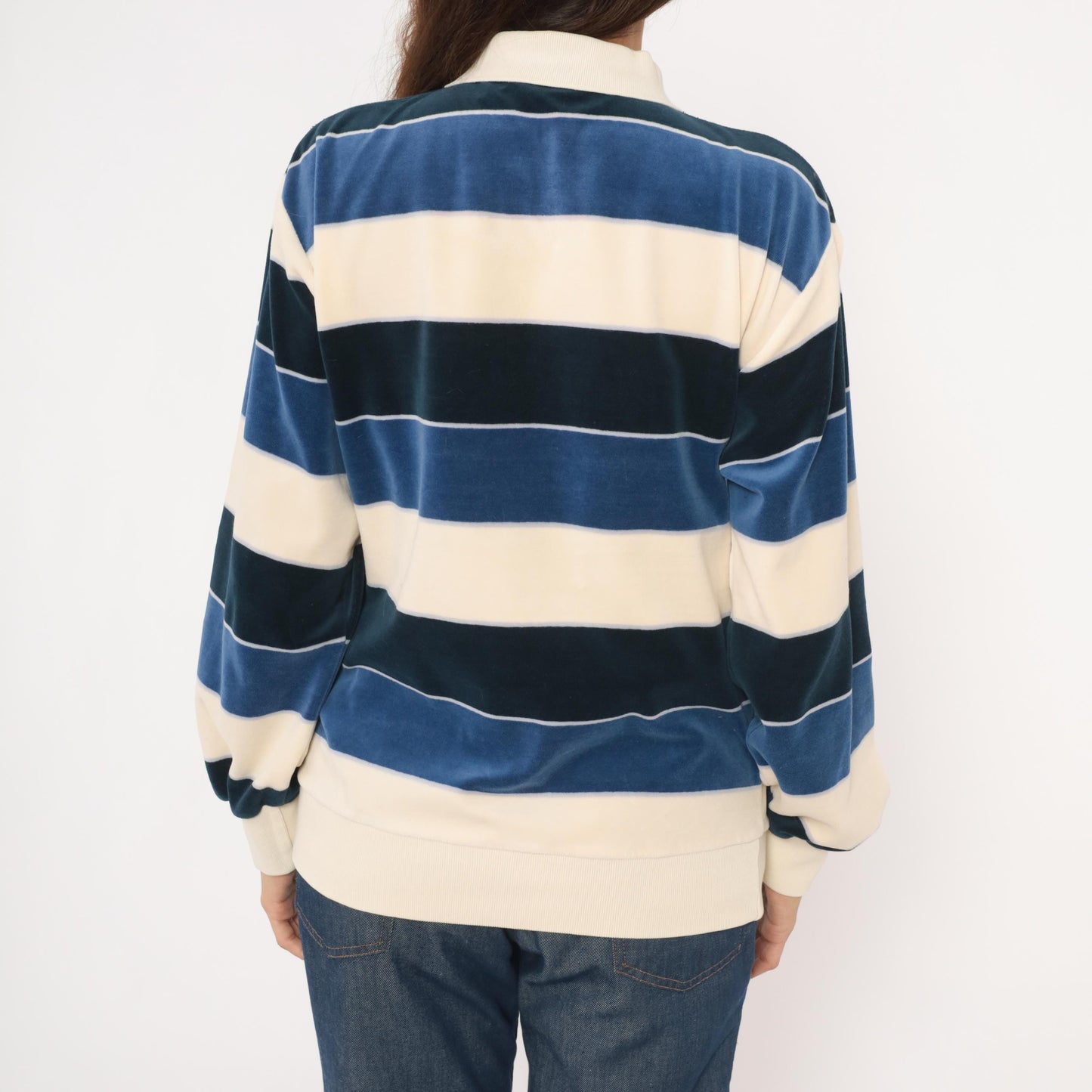 80s Damon Striped Velour Rugby Polo Cream Navy Collared Pullover Medium