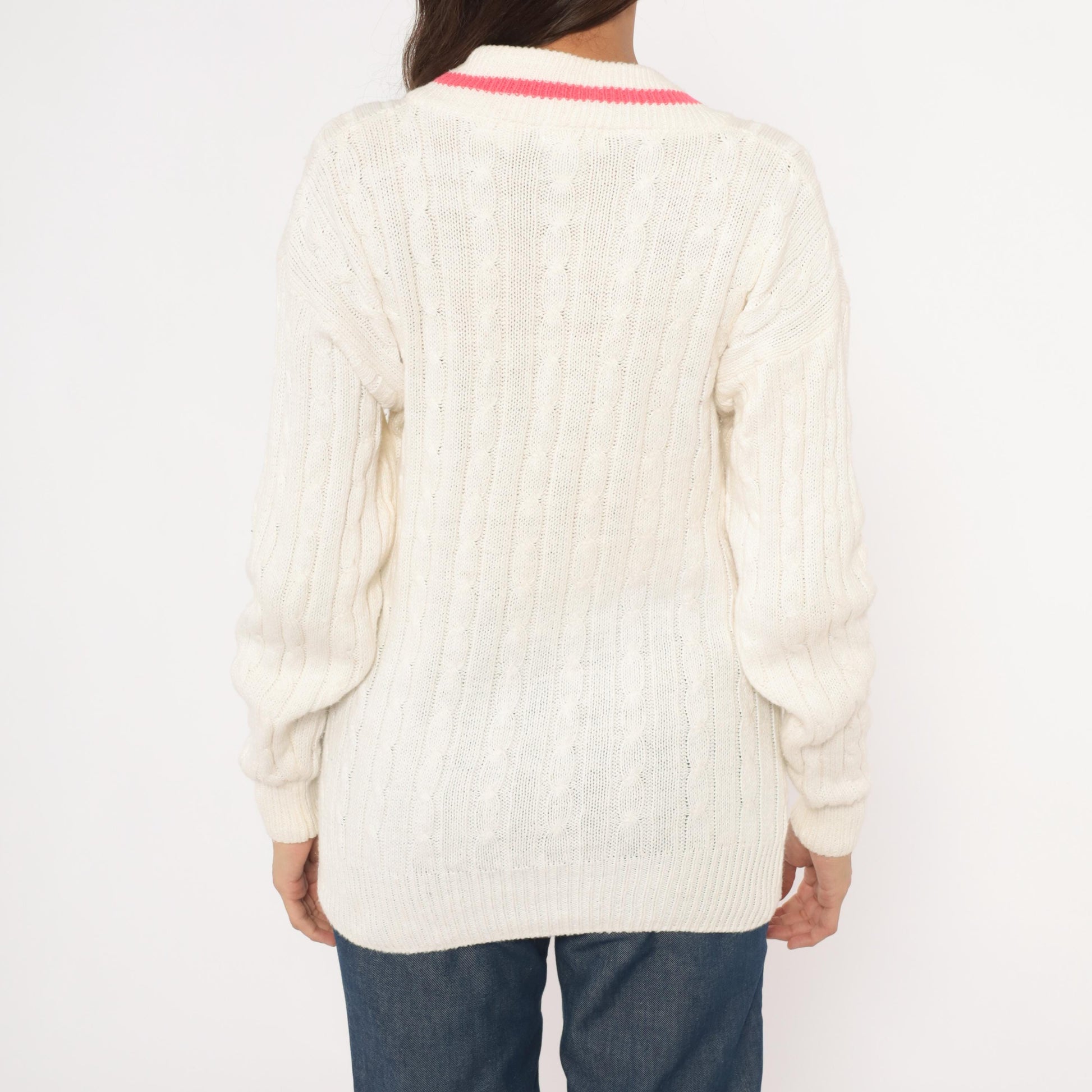 90s Boundary Waters Cable Knit V Neck Sweater Pink Stripe Ivory Small S