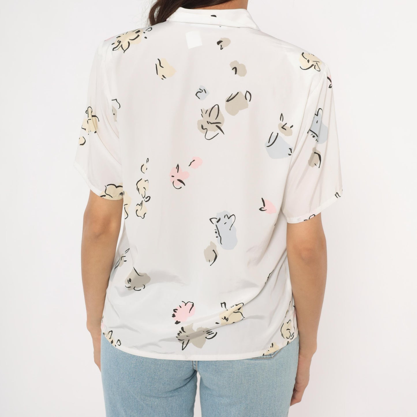90s Liz Baker Abstract Floral Blouse Cream Shawl Collar V Neck Medium