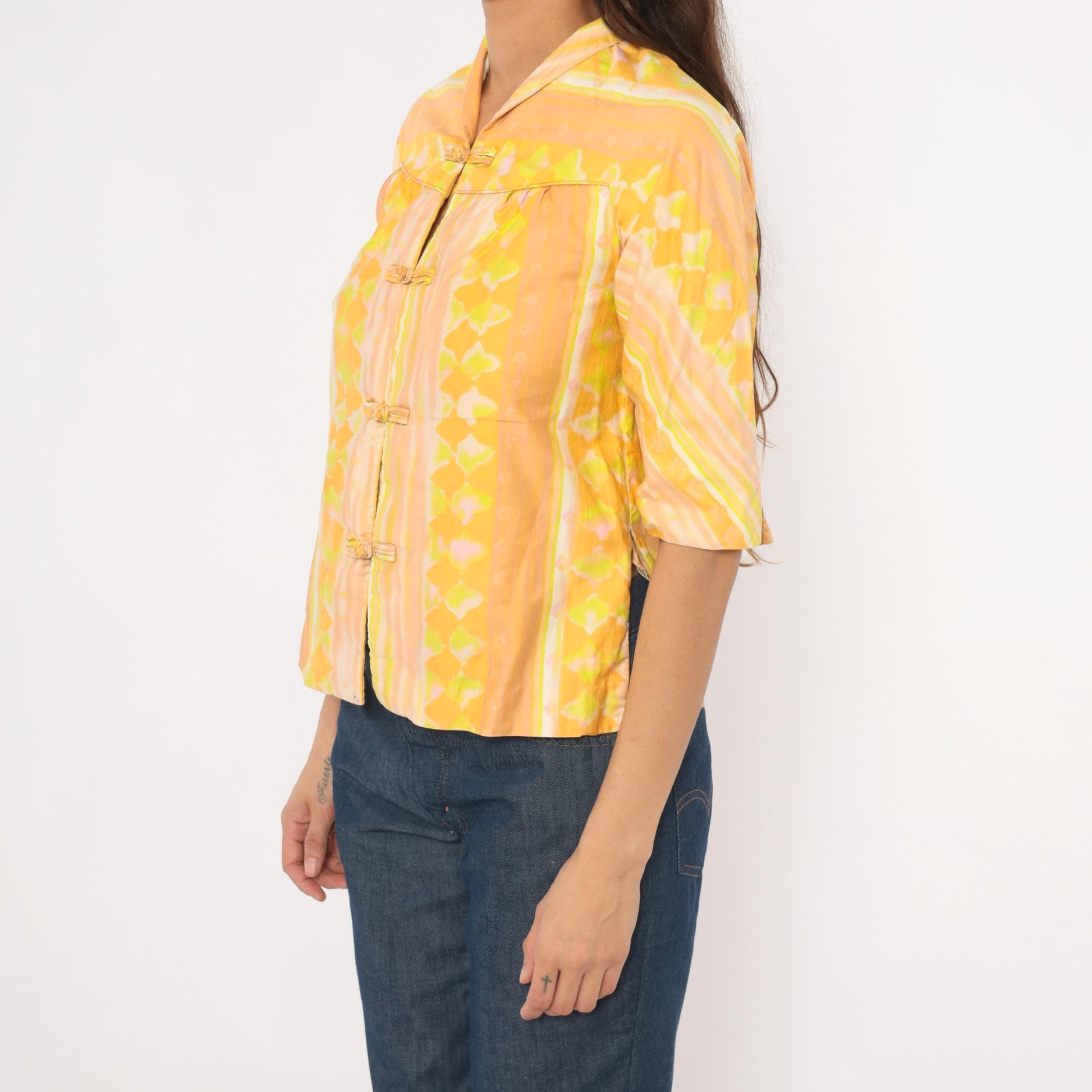 70s Frog Closure Blouse Yellow Geometric Print Mandarin Collar Three Quarter Sleeve Extra Small XS