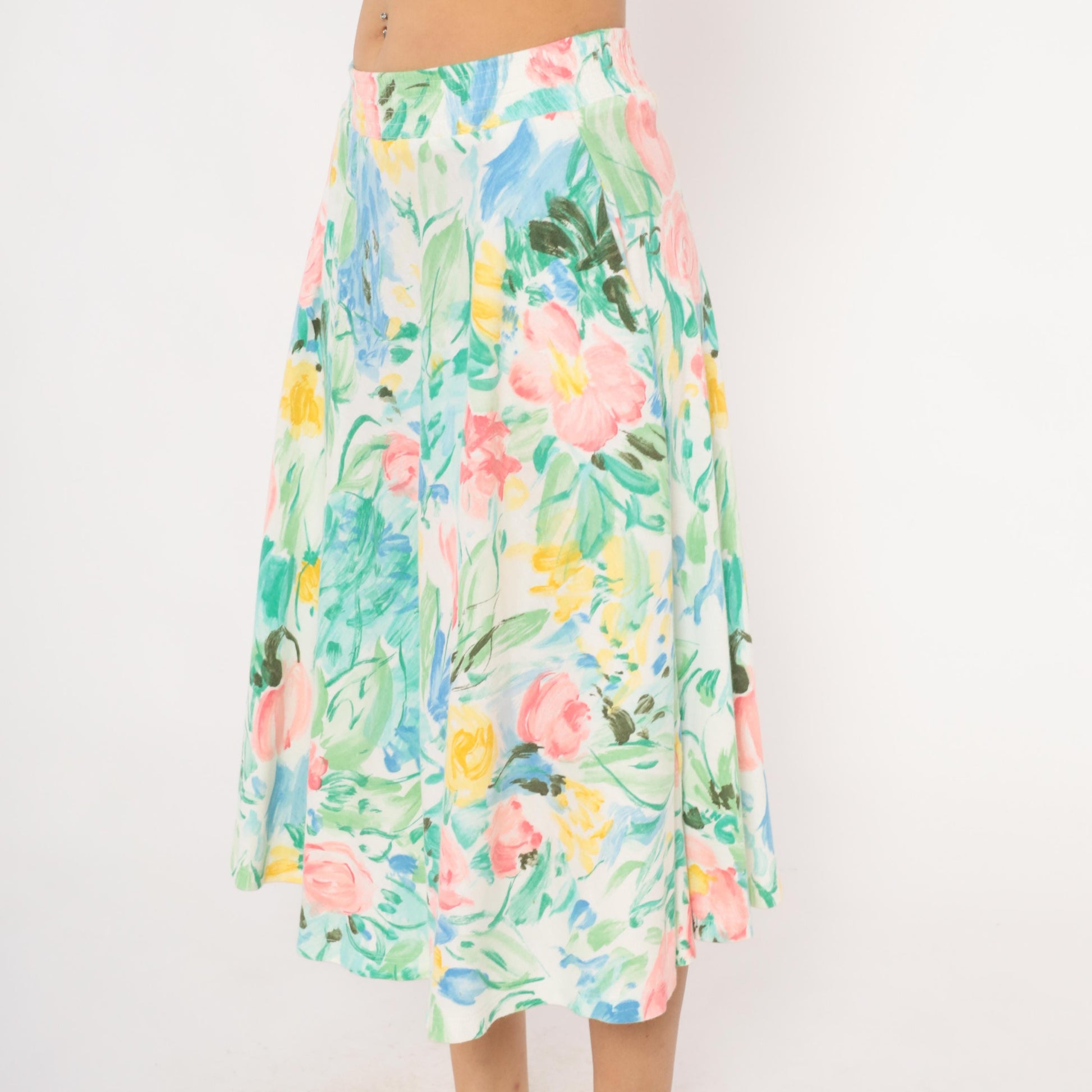 80s Dennis Goldsmith Floral Midi Skirt A-Line Pink Teal Green Medium