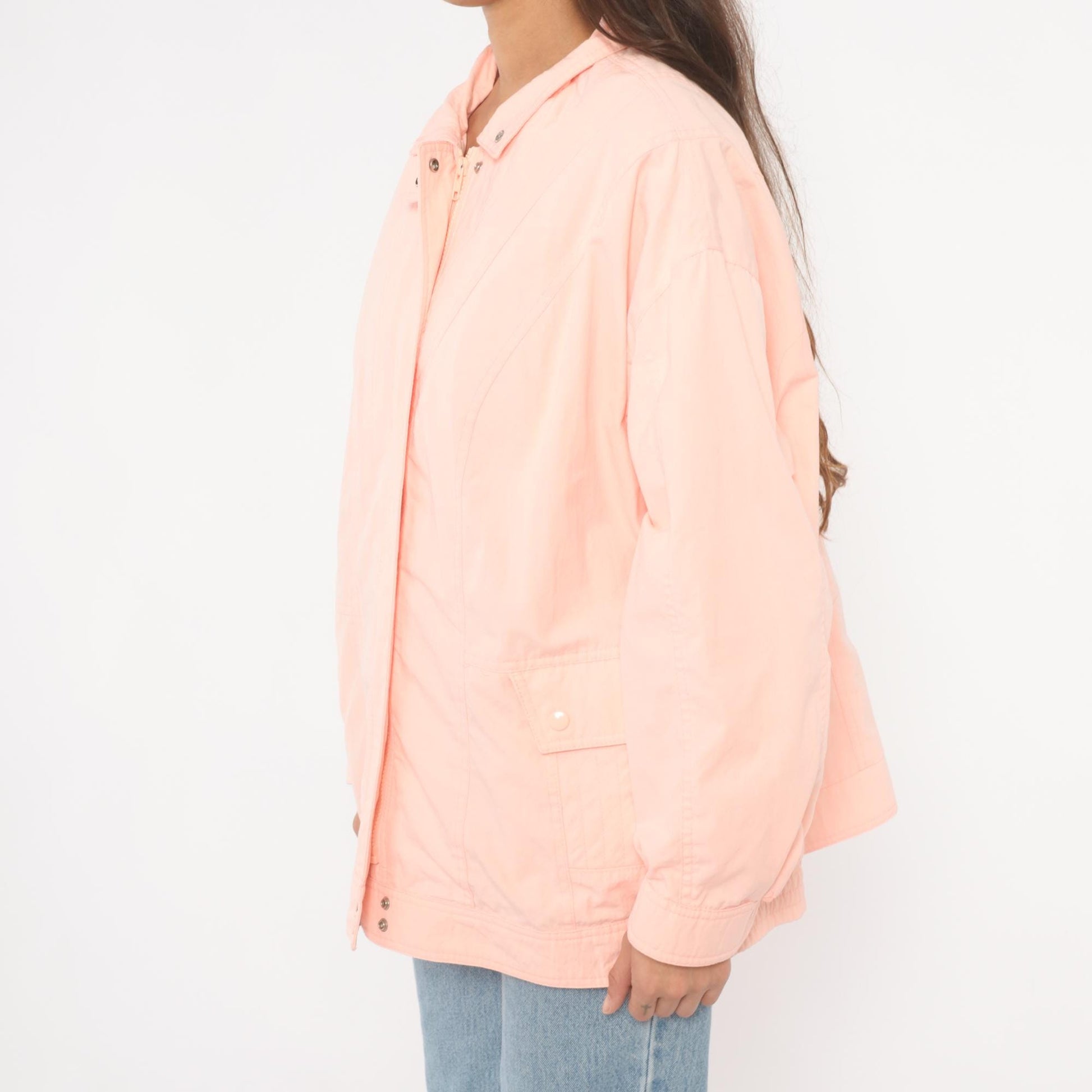 80s Aurora International Windbreaker Jacket Peach Snap Collar Zip Front Extra Large XXL