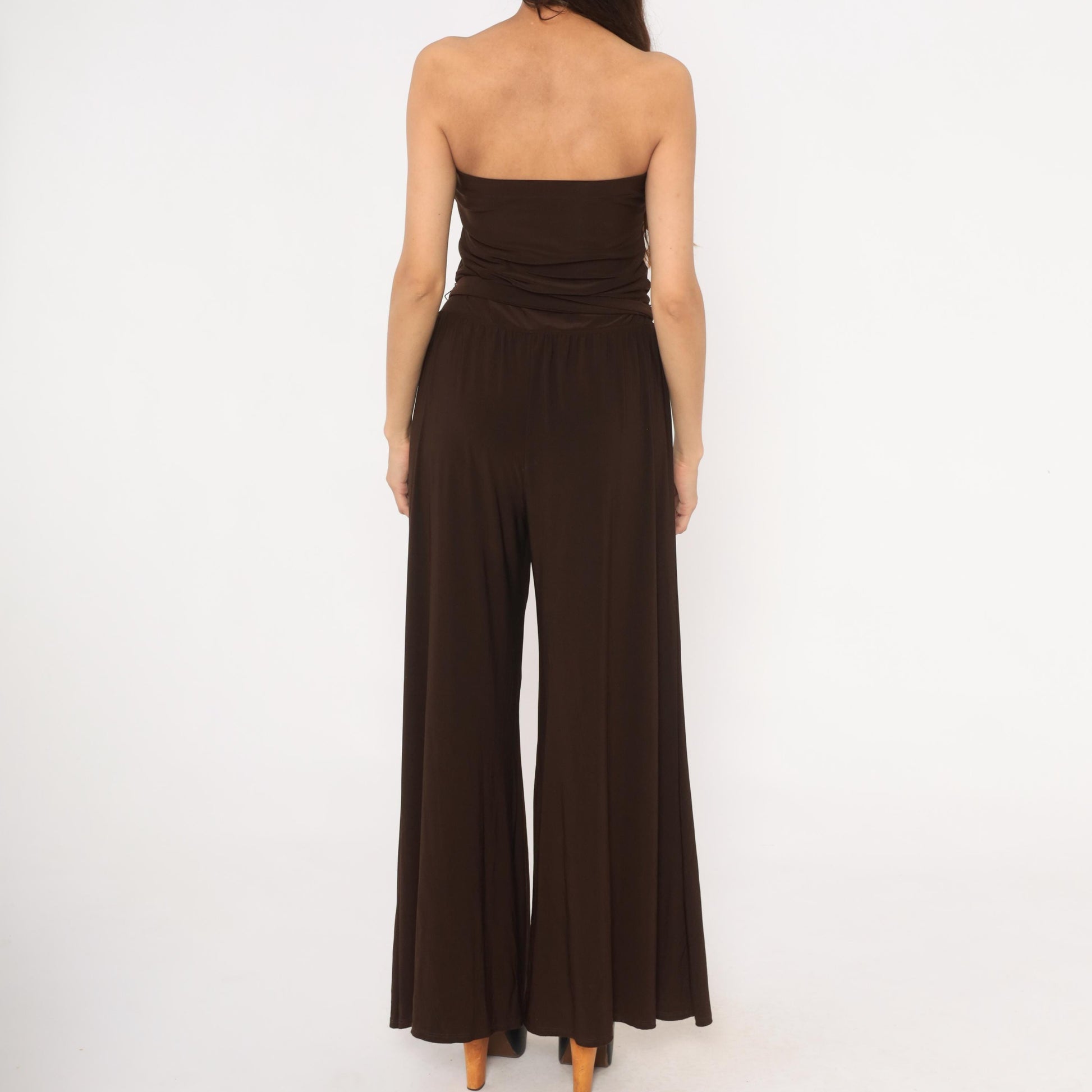2000s MSK Chocolate Brown Strapless Jumpsuit Wide Leg Palazzo Medium M