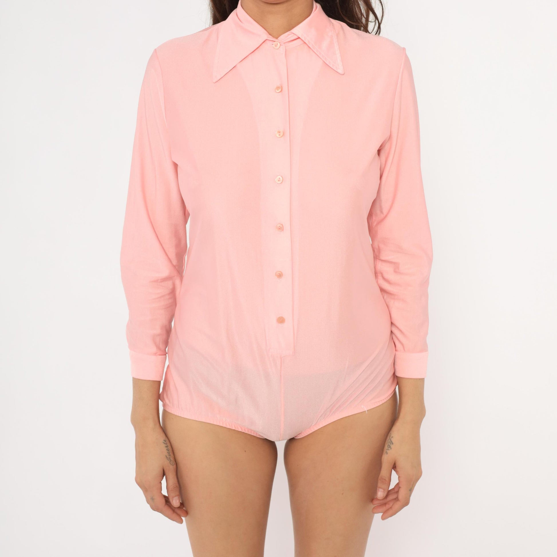 80s Imagnin Pink Bodysuit Blouse Pointed Collar Long Sleeve Large L