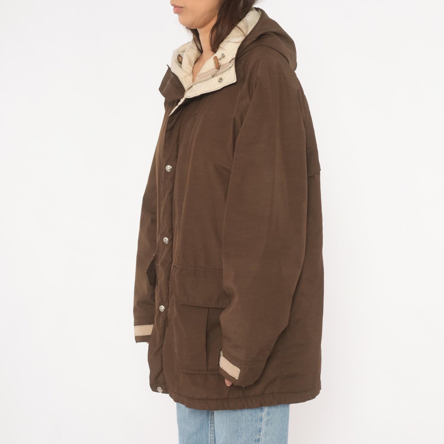 80s Woolrich Brown Hooded Parka Cargo Pockets Tan Quilted Lining Large