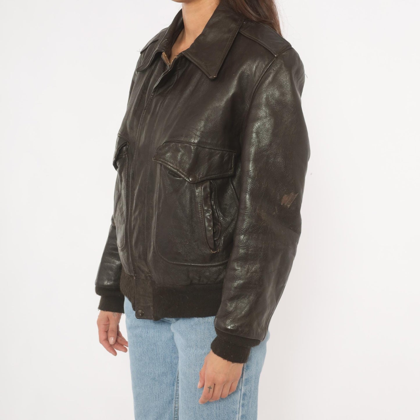 80s Golden Fleece Dark Brown Leather Bomber Jacket Cropped Small