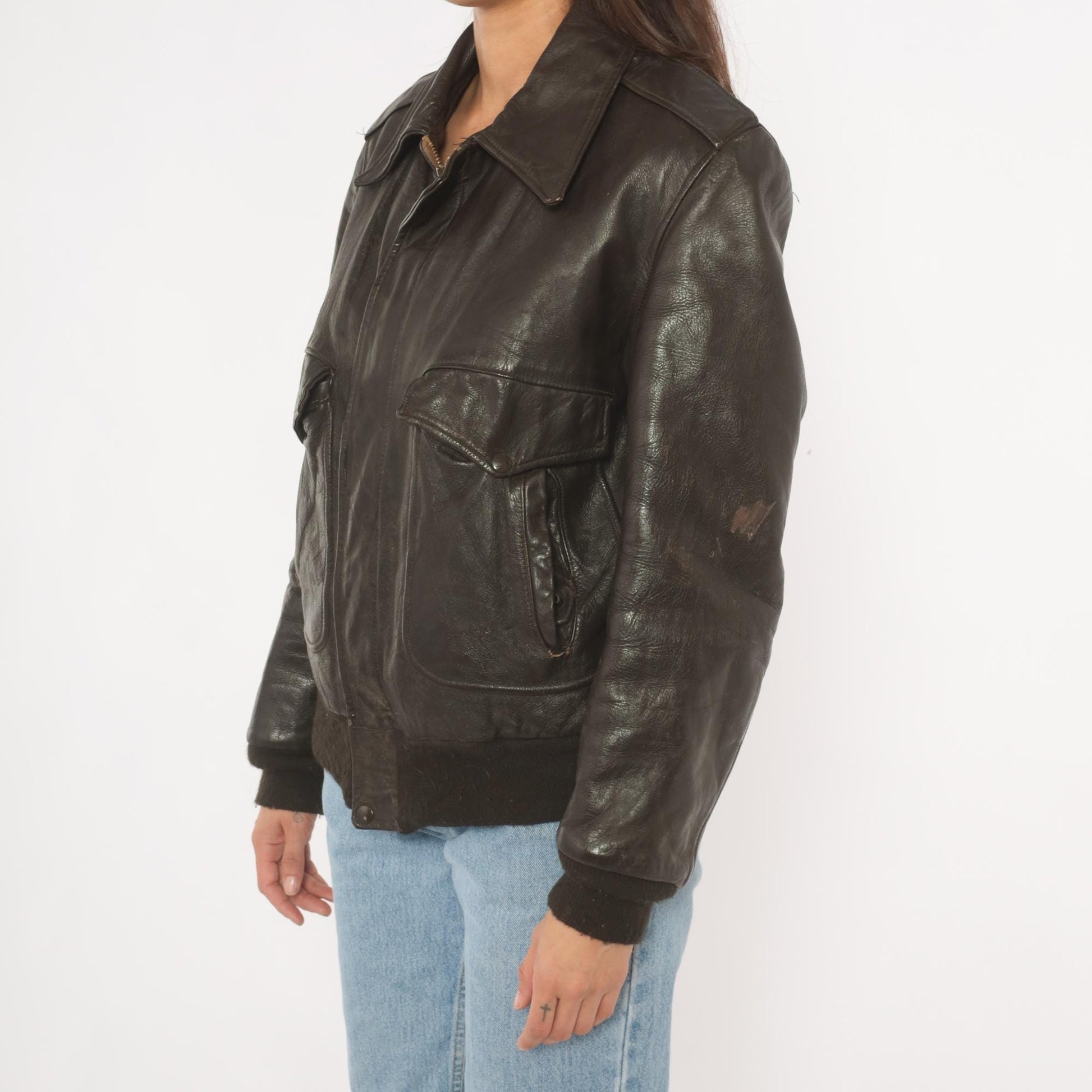 80s Golden Fleece Dark Brown Leather Bomber Jacket Cropped Small