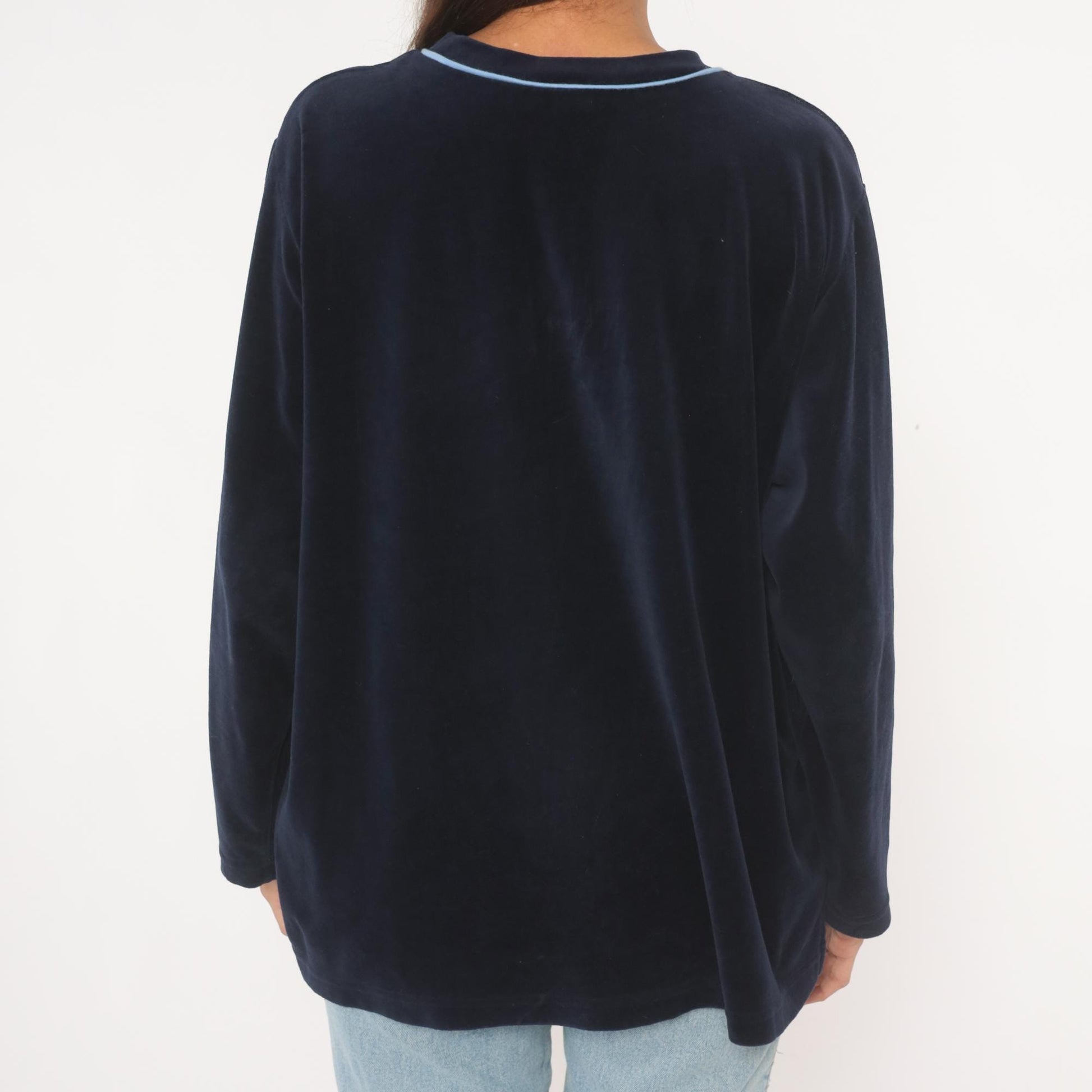 2000s St Johns Bay Navy Velour Sweatshirt Striped Chest Panel Extra Large XL