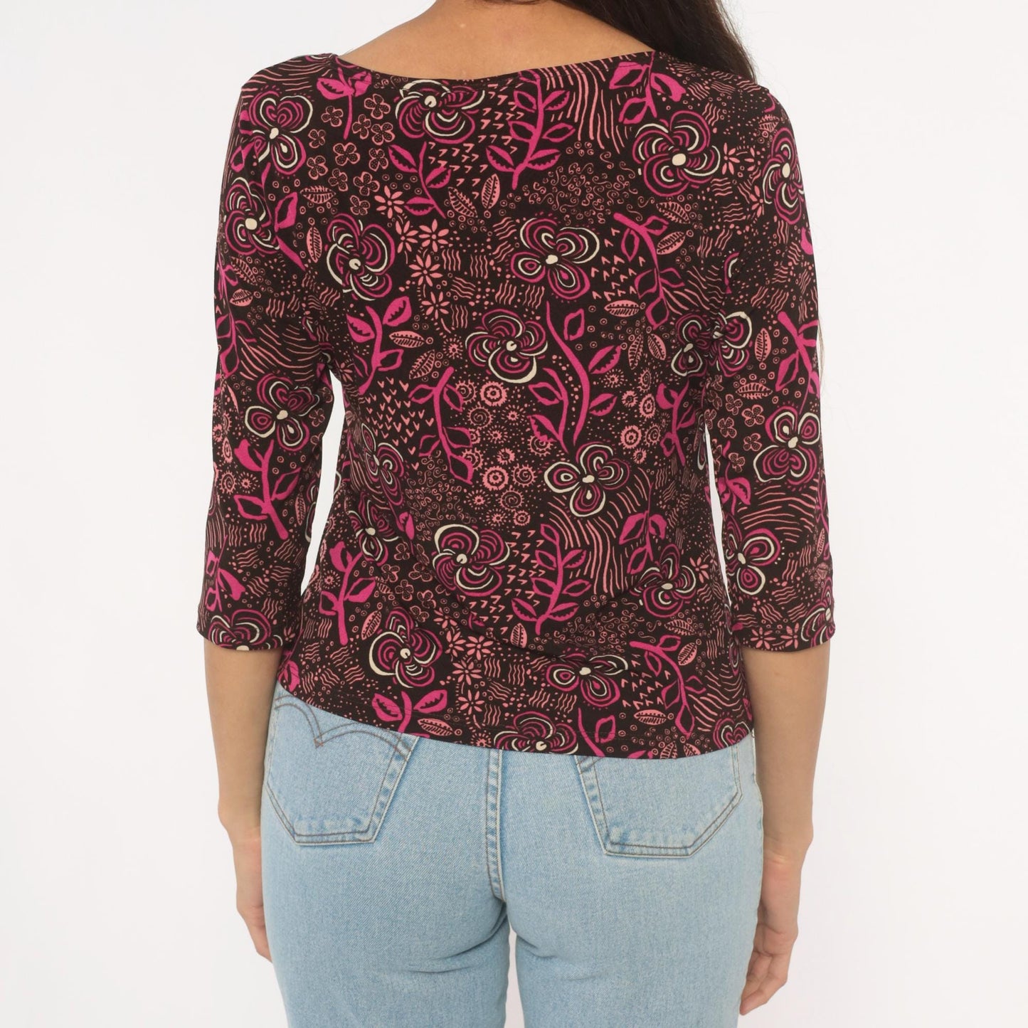 Y2K Only Nine Floral Botanical Blouse Brown Pink Three Quarter Sleeve Large L