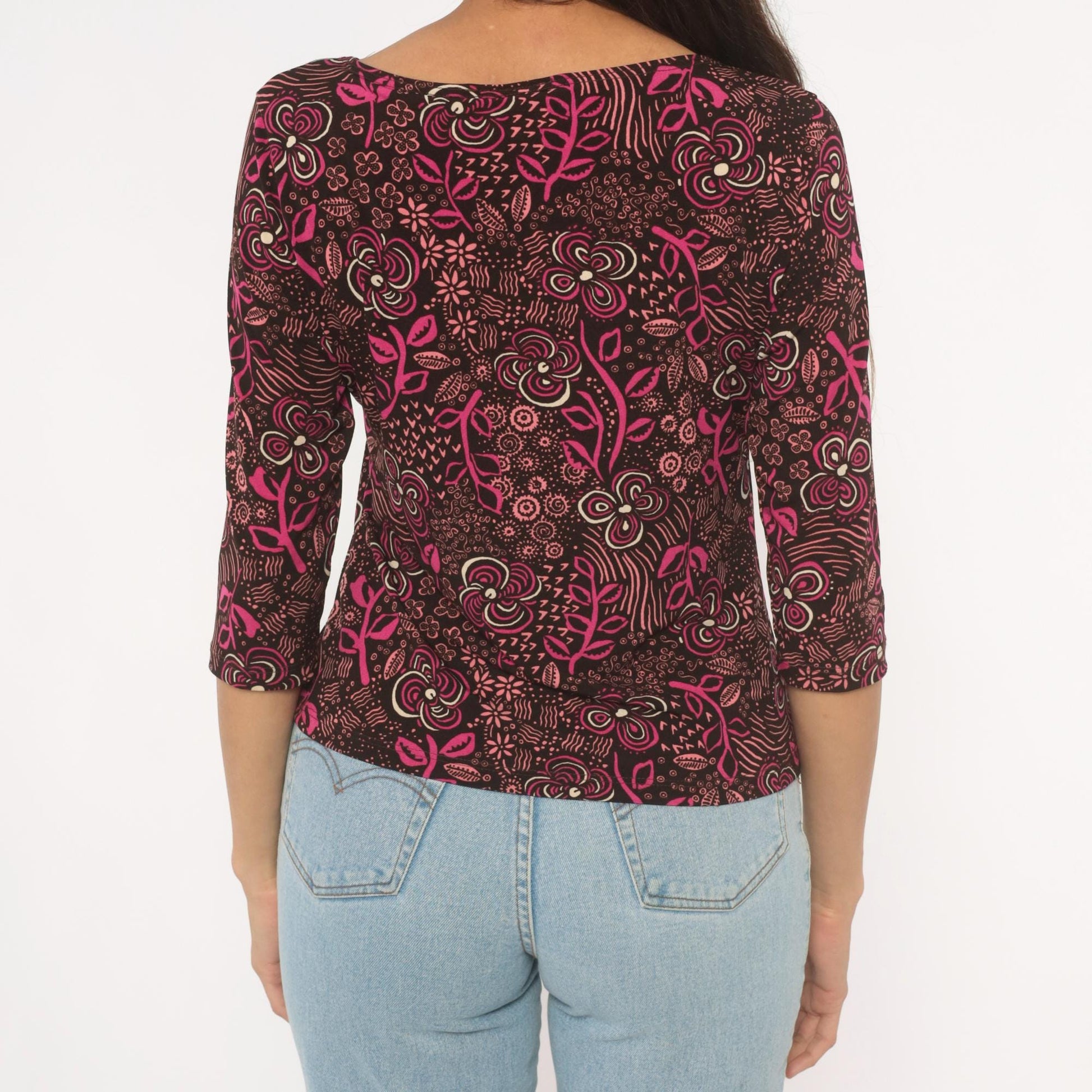 Y2K Only Nine Floral Botanical Blouse Brown Pink Three Quarter Sleeve Large L