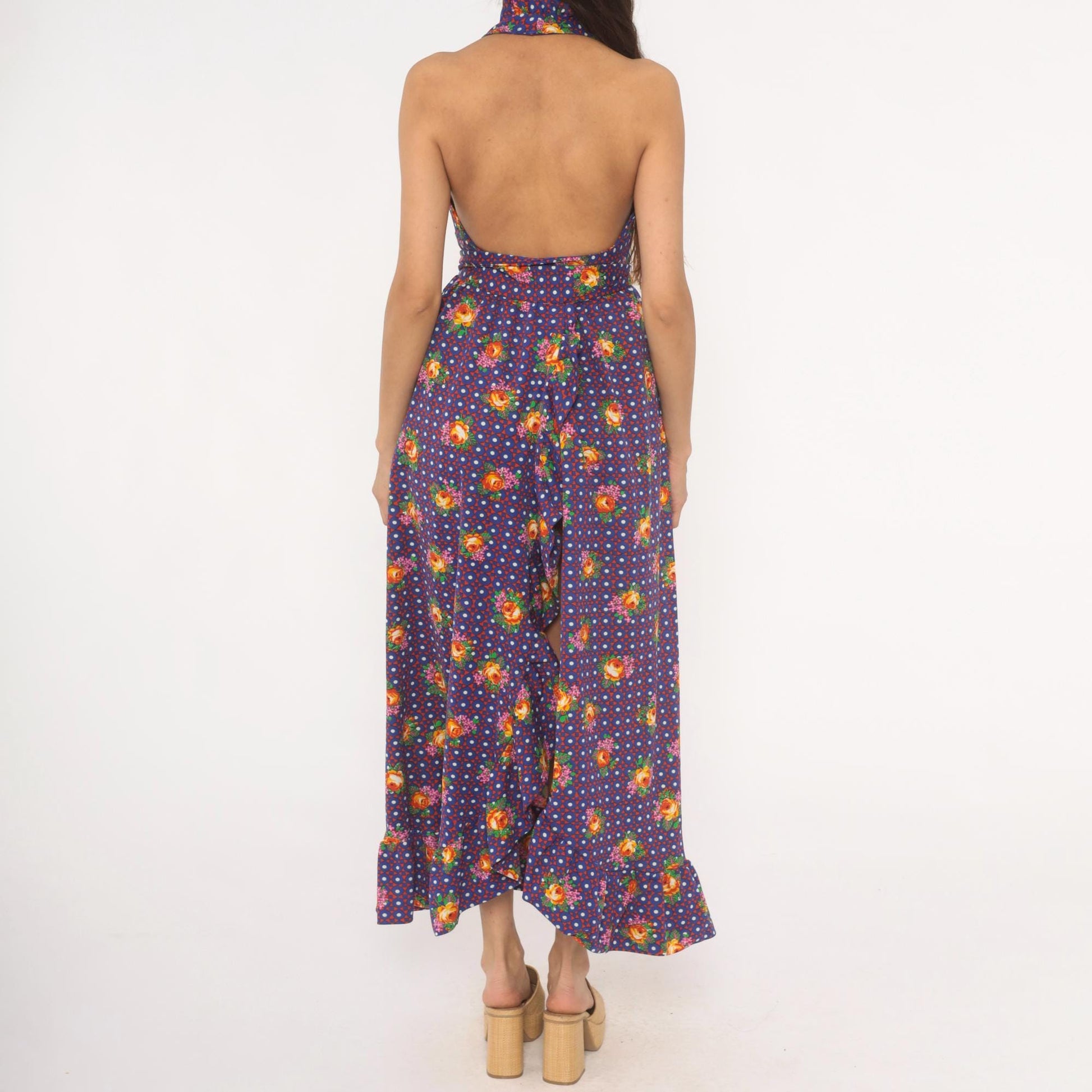 70s Floral Halter Dress Purple Polka Dot Tie Waist Open Back XS