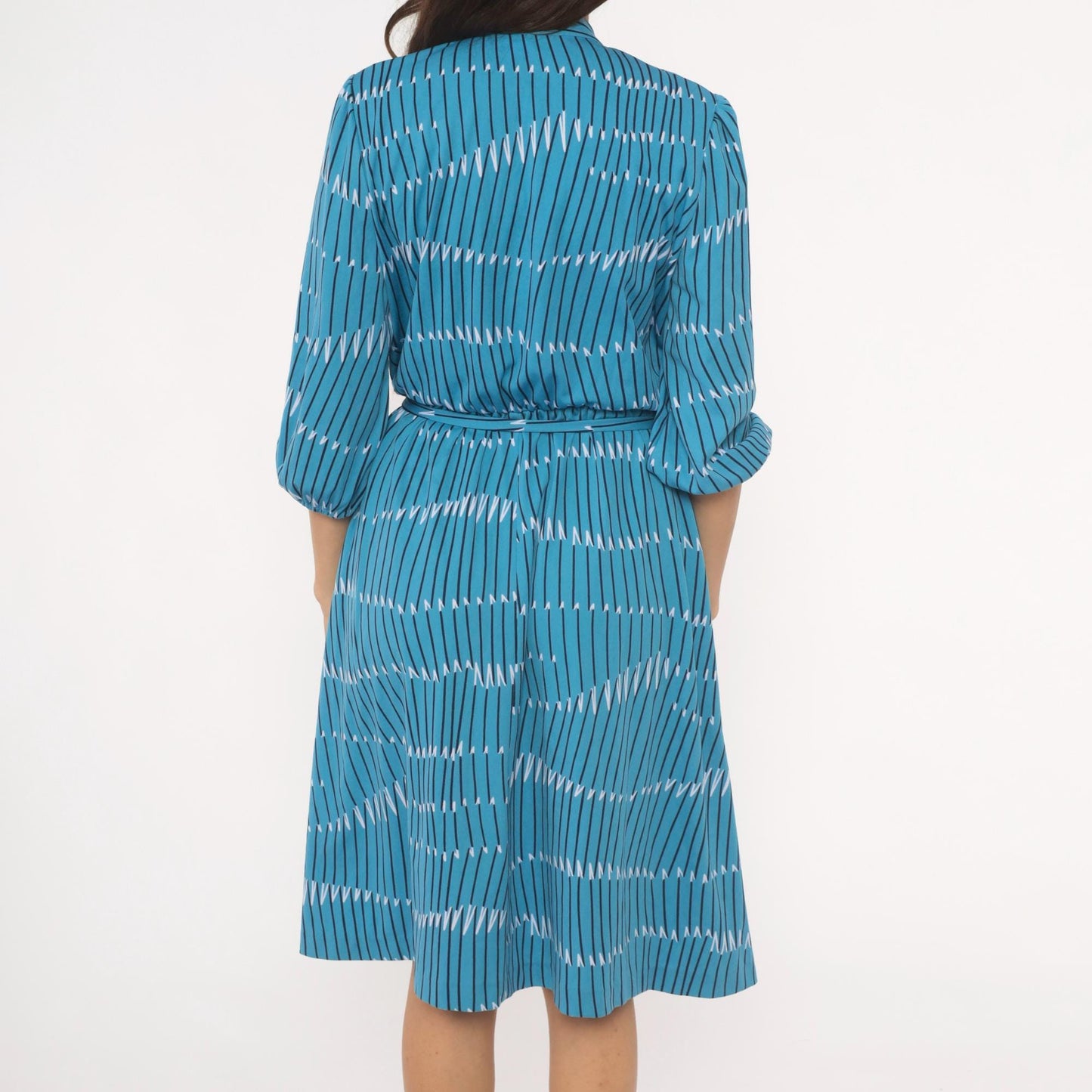 70s Teal Geometric Stripe Bow Neck Dress Puff Sleeve Belted Knee Length Large L