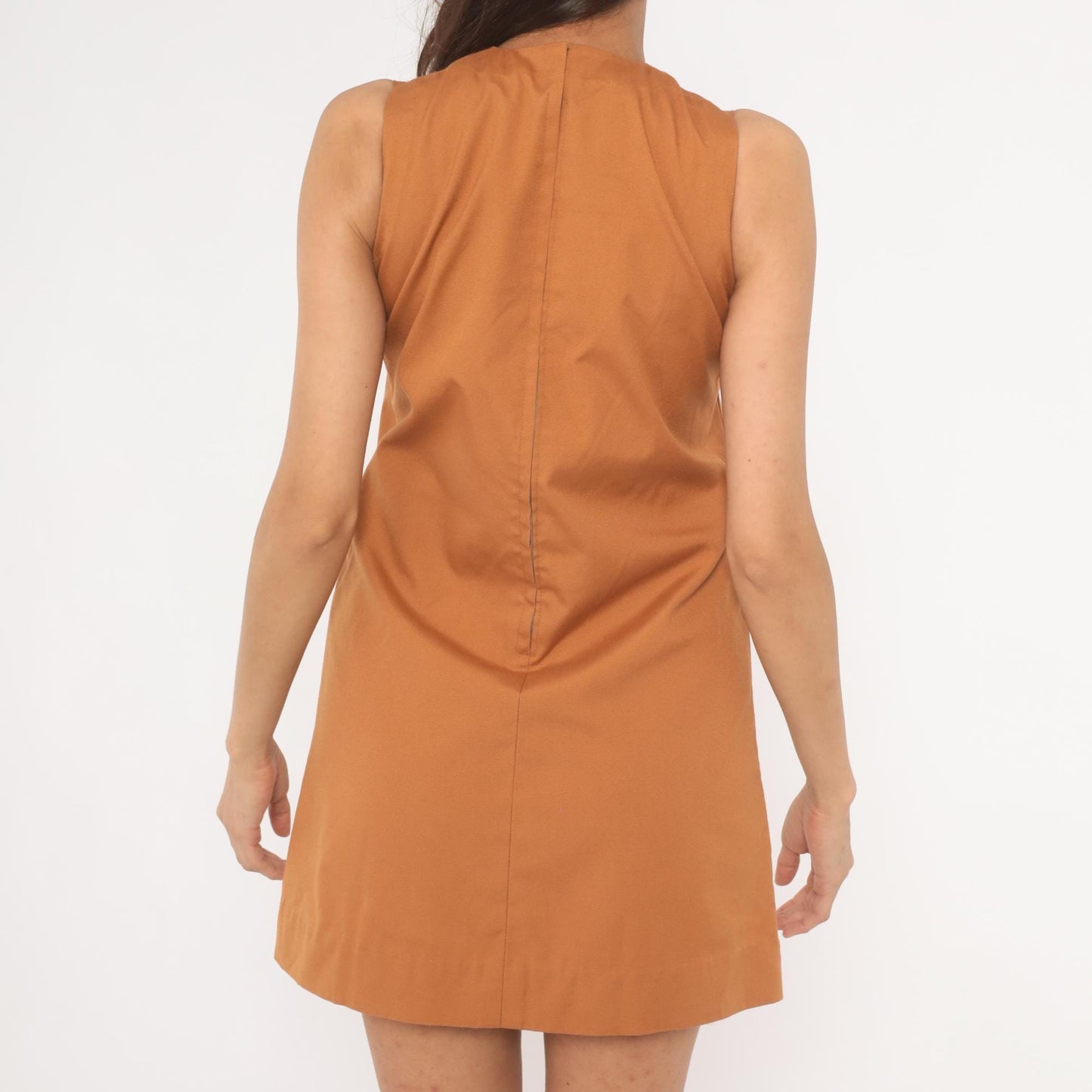 60s Mod Mini Dress Tan Sleeveless Shift Gold Button Crew Neck Extra Small XS