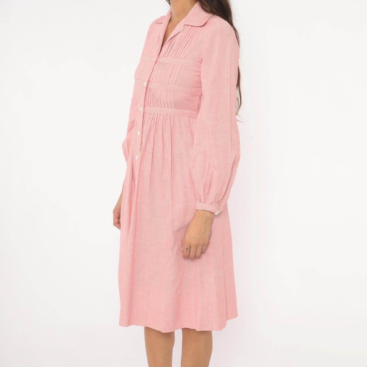 80s Nipon Boutique Pinstripe Shirtdress Pink Button Front Puff Sleeve XS