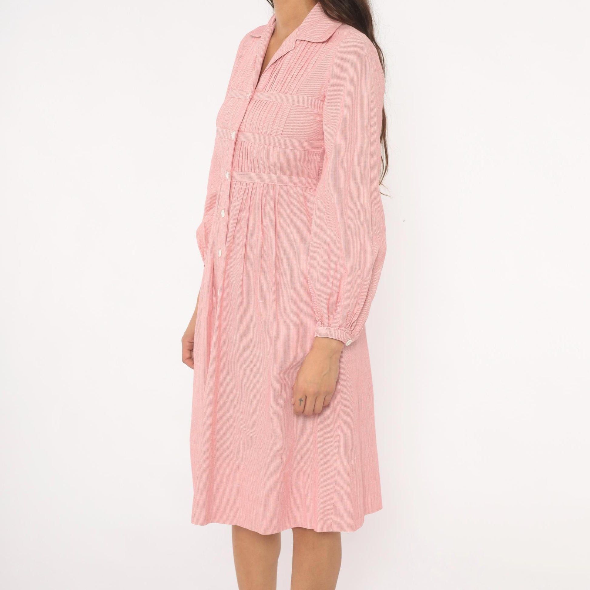 80s Nipon Boutique Pinstripe Shirtdress Pink Button Front Puff Sleeve XS