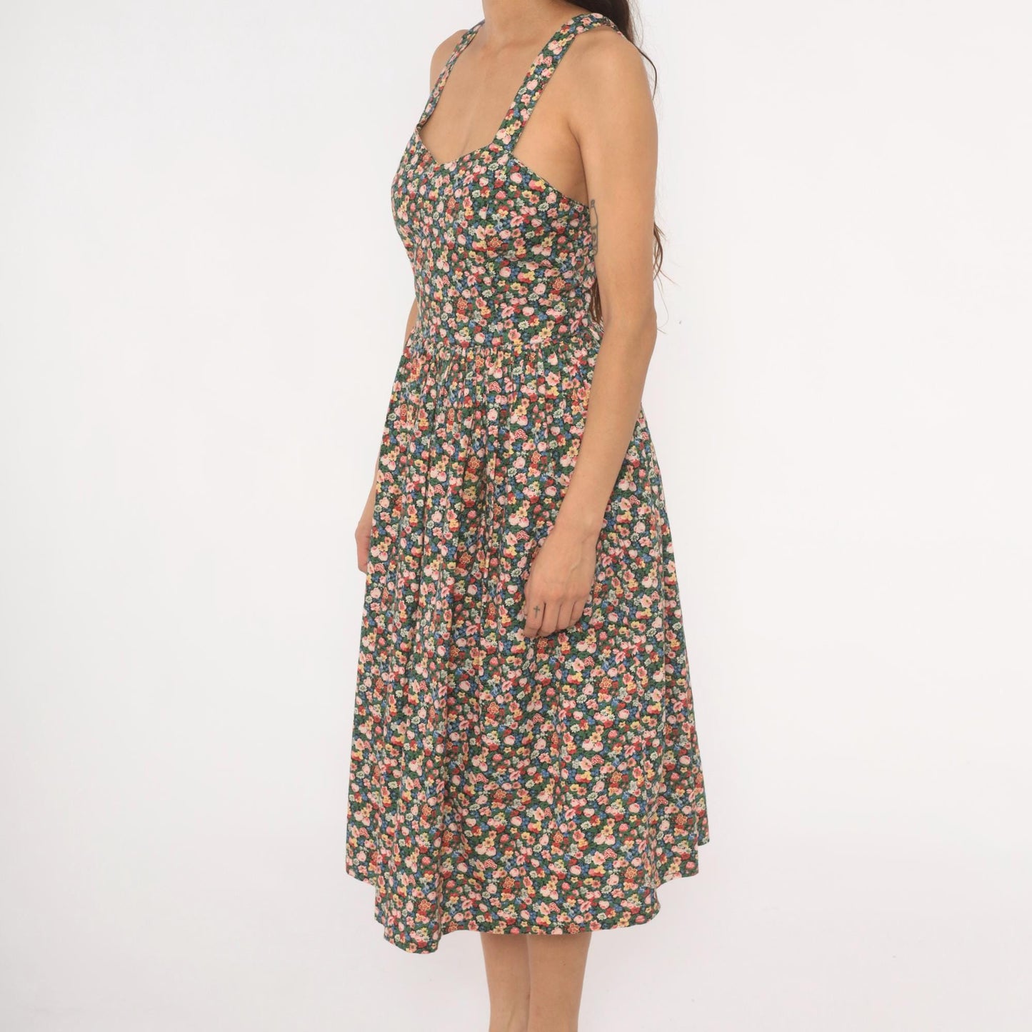 90s The Limited Floral Midi Sundress Calico Print Sweetheart Neckline Small