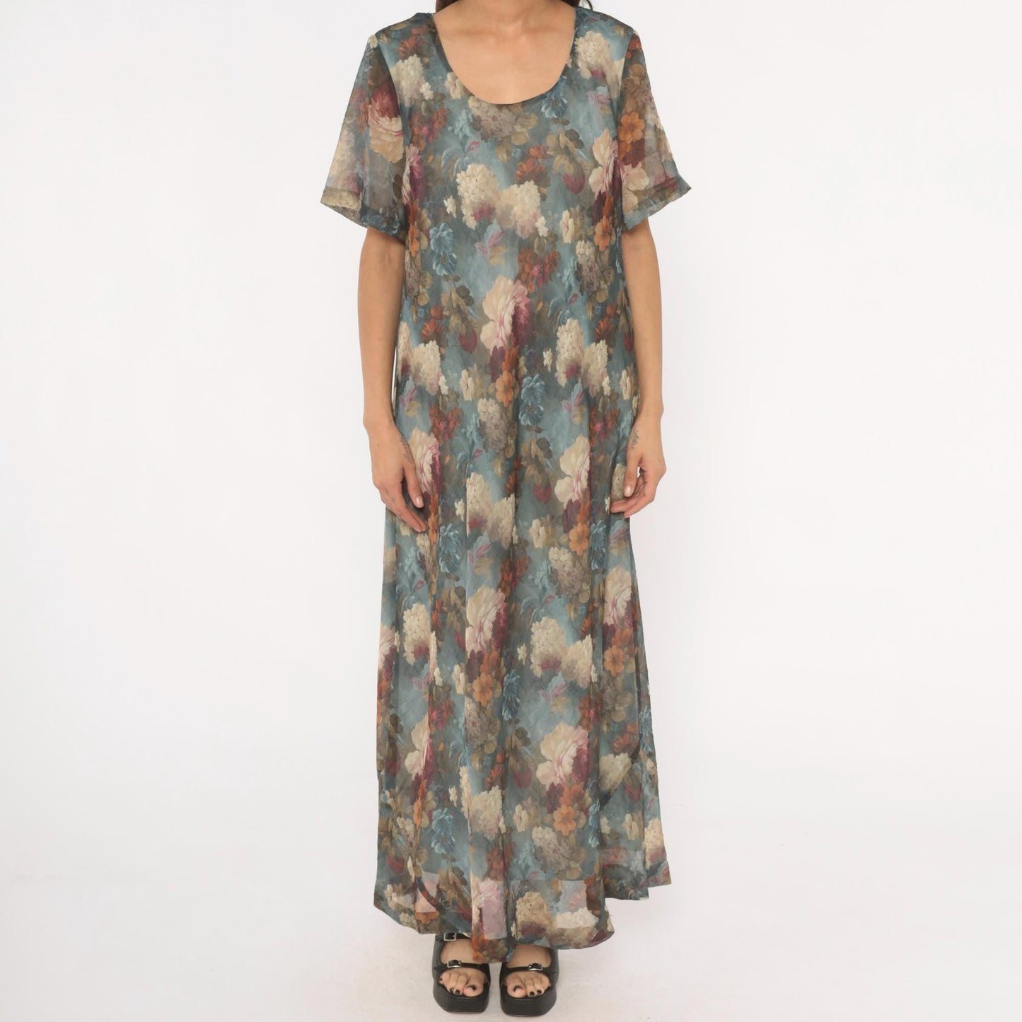 90s De Frantoria Floral Maxi Dress Slate Blue Cream Chiffon Short Sleeve Extra Large XL