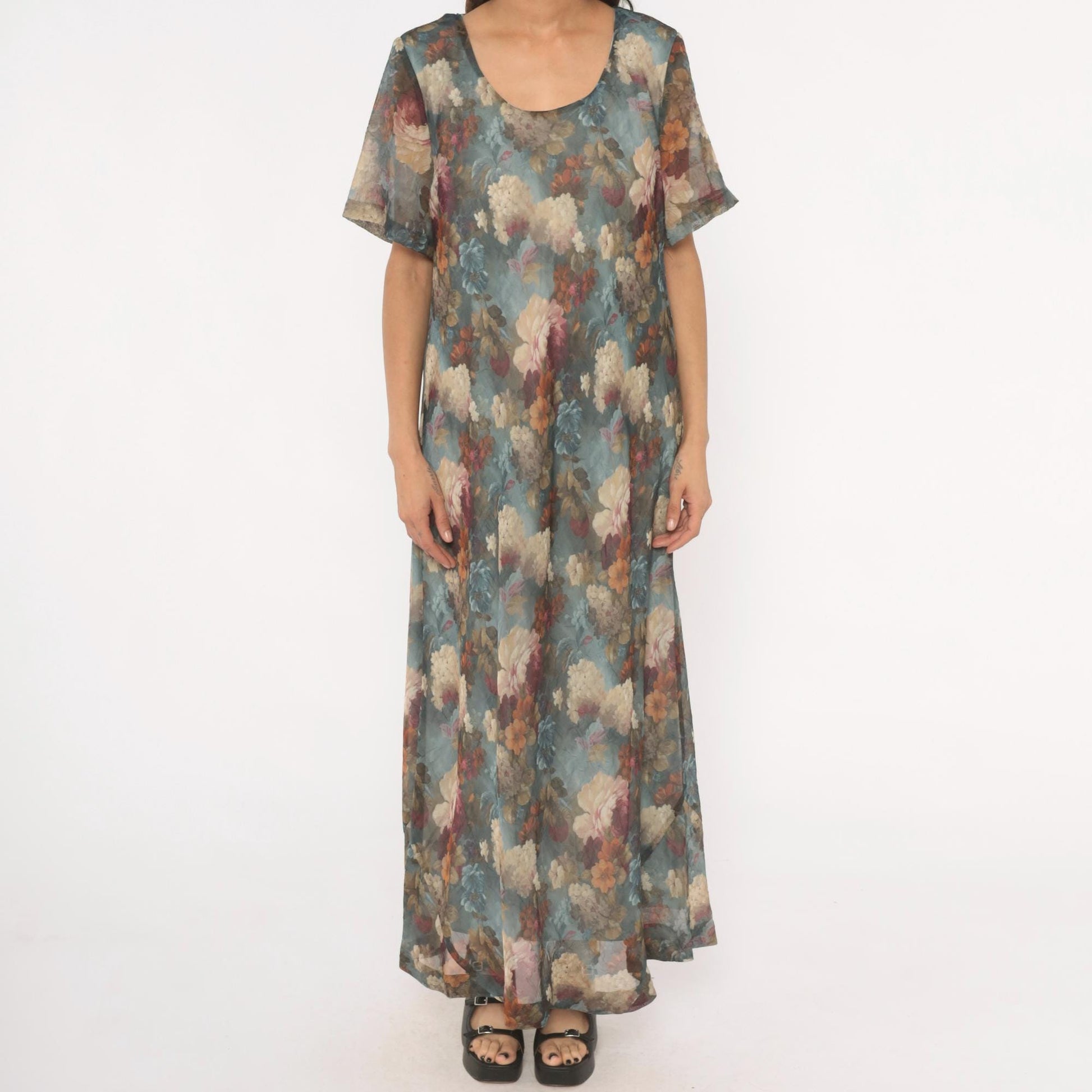 90s De Frantoria Floral Maxi Dress Slate Blue Cream Chiffon Short Sleeve Extra Large XL
