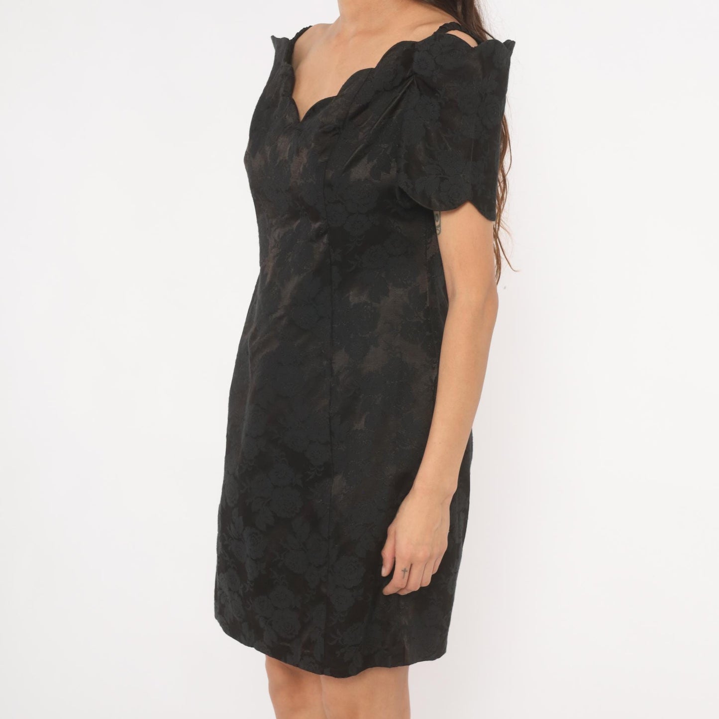 90s Expo Petite Black Floral Jacquard Mini Dress Sweetheart Neckline Medium M