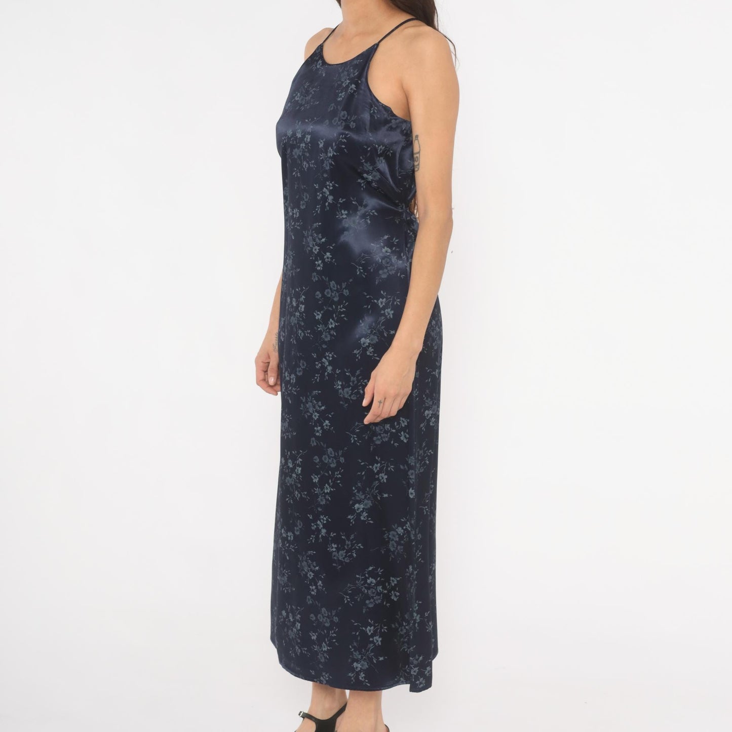 90s Navy Satin Halter Maxi Dress Floral Print Tie Back Small S