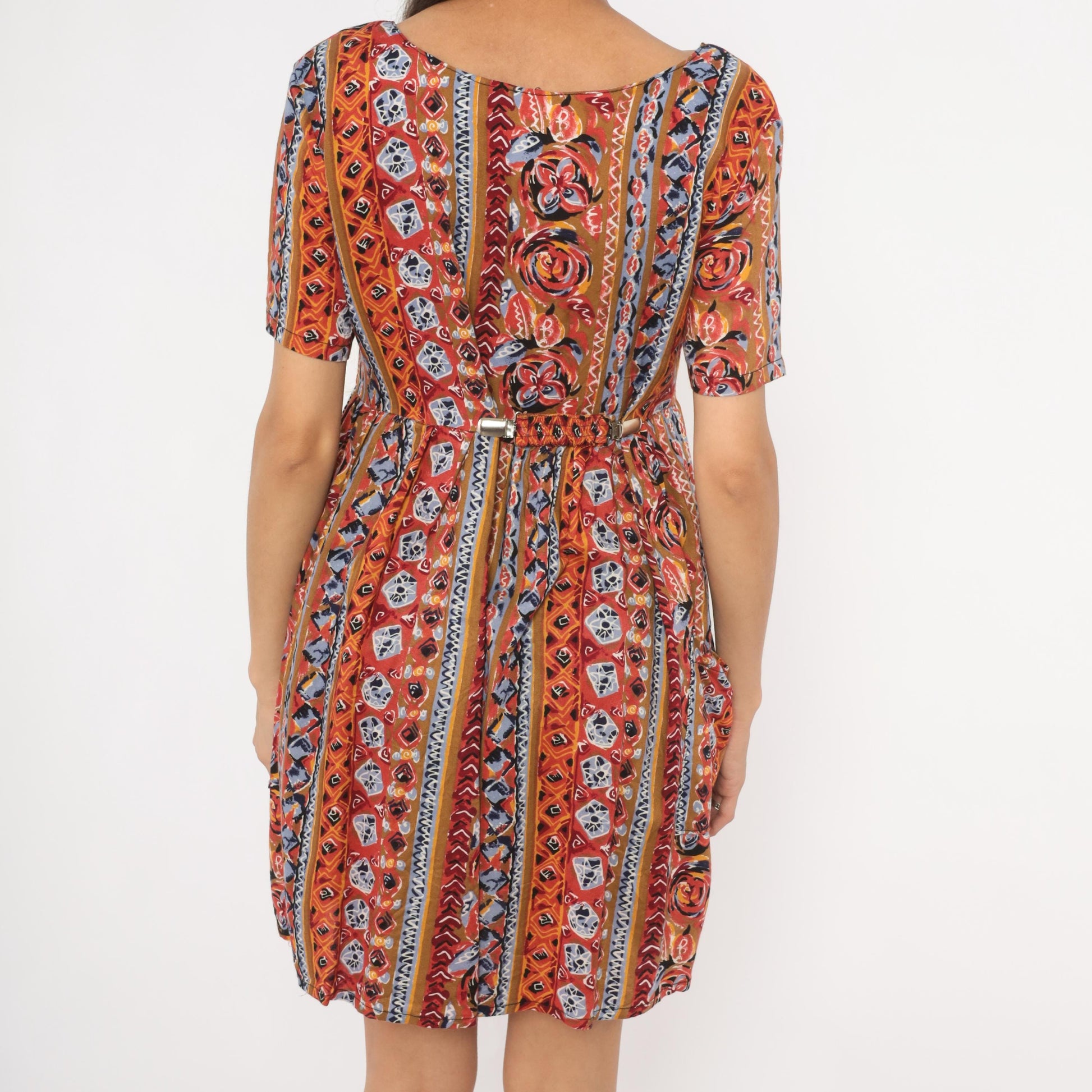 90s Pellini Babydoll Mini Dress Tribal Floral Stripe Rust Blue Small