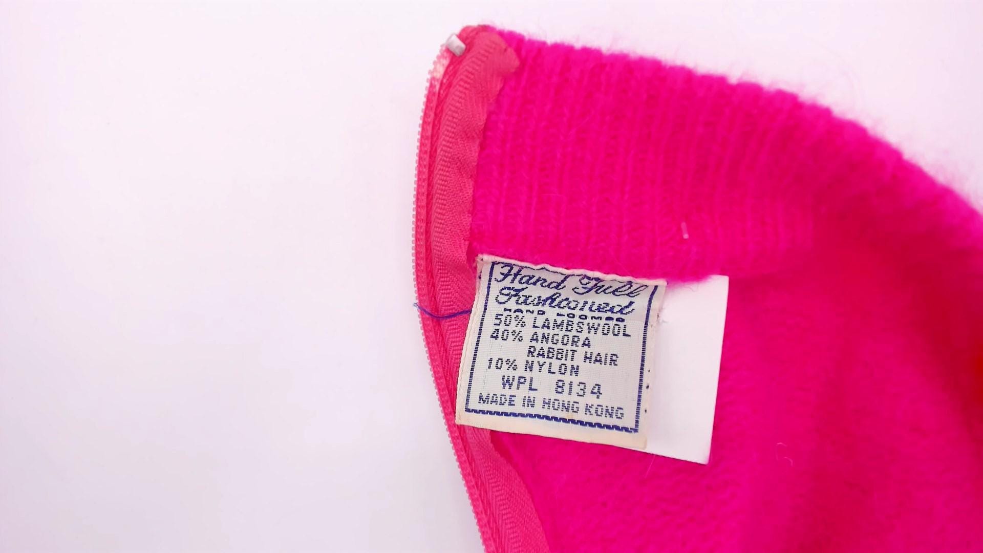 70s Hot Pink Mock Neck Sweater Lambswool Angora Fitted Raglan Small S