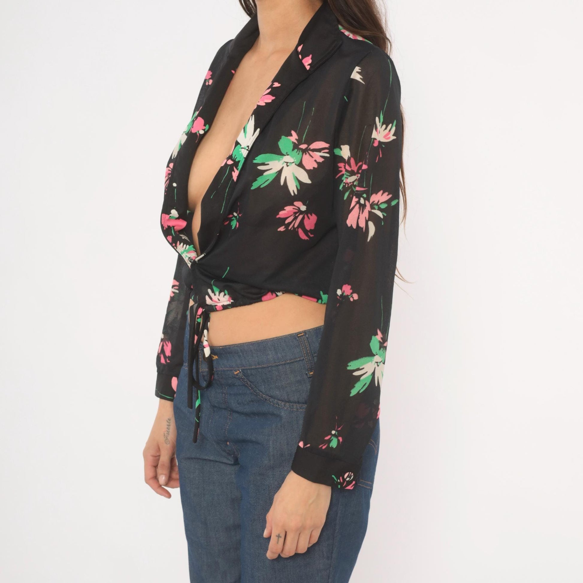 70s Black Floral Tie-Front Blouse Deep V-Neck Long Sleeve Medium M