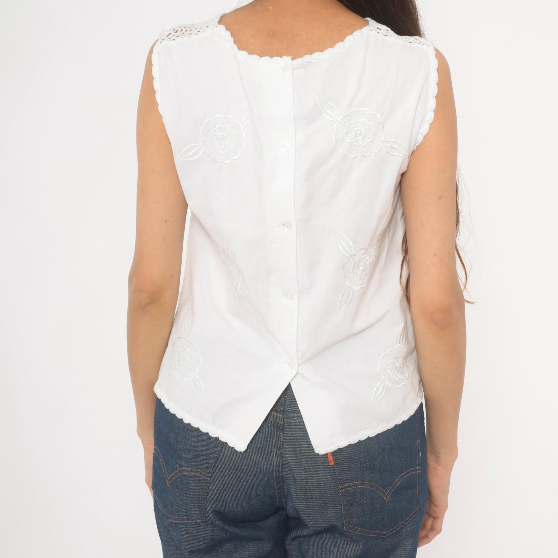 90s White Crochet Lace Tank Top Floral Medallion V-Neck Cotton Small