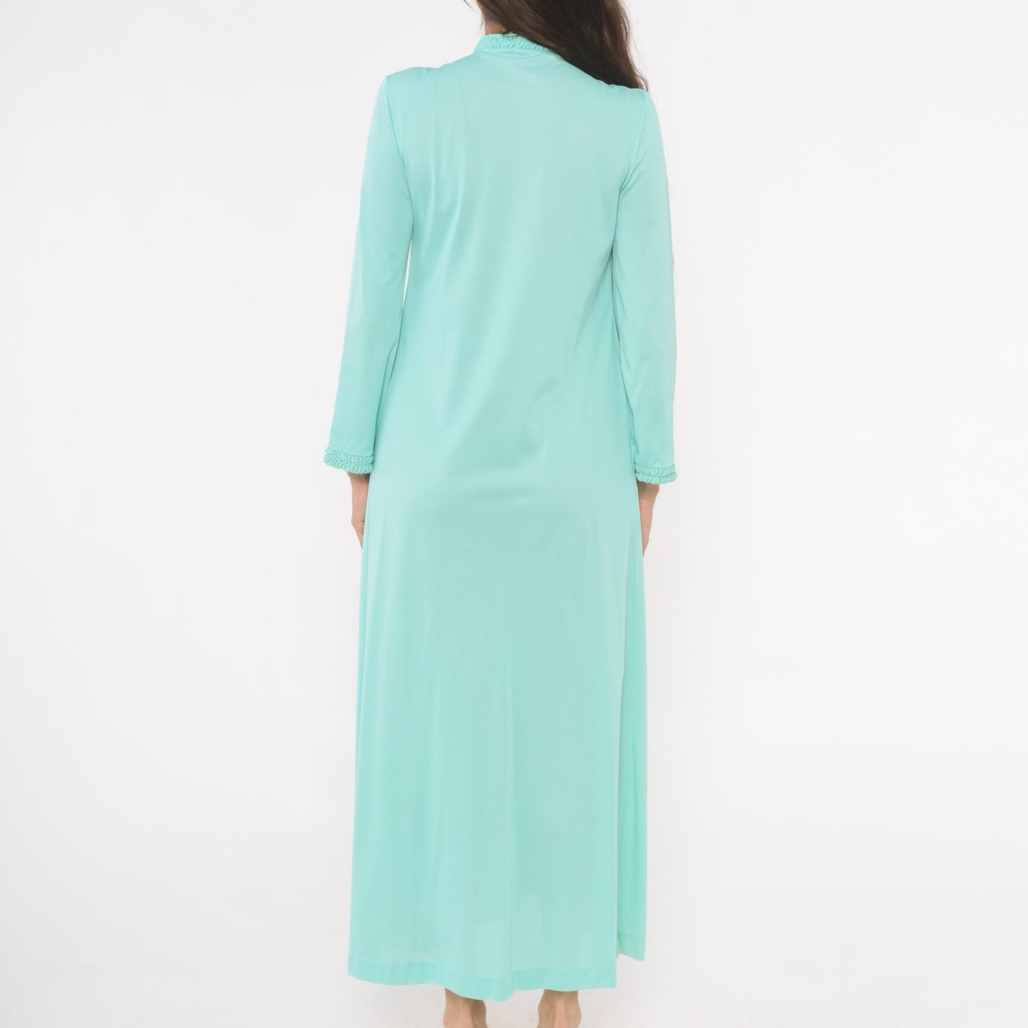 70s Loungewear by Gossard Mint Maxi Housecoat Smocked Ruffle Small