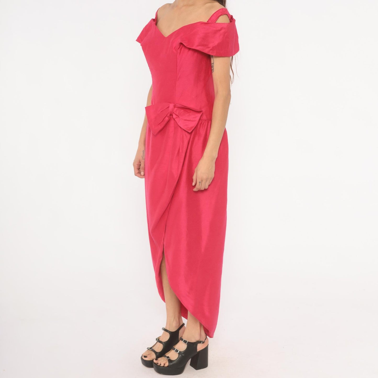 80s Hot Pink Off-Shoulder Maxi Gown Sweetheart Neckline Bow Tulip Skirt Large L