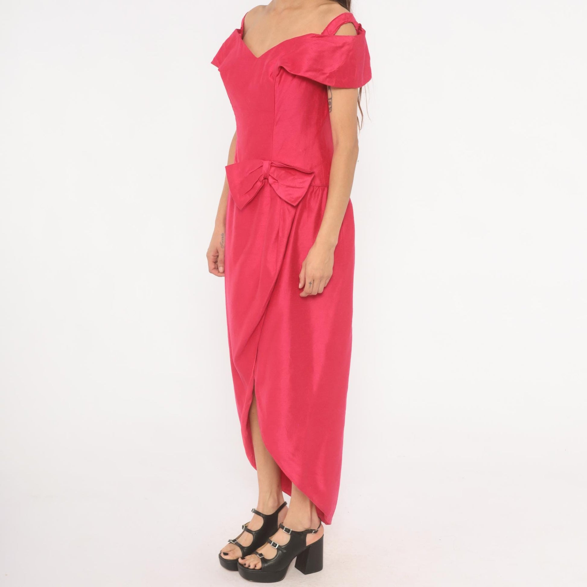 80s Hot Pink Off-Shoulder Maxi Gown Sweetheart Neckline Bow Tulip Skirt Large L