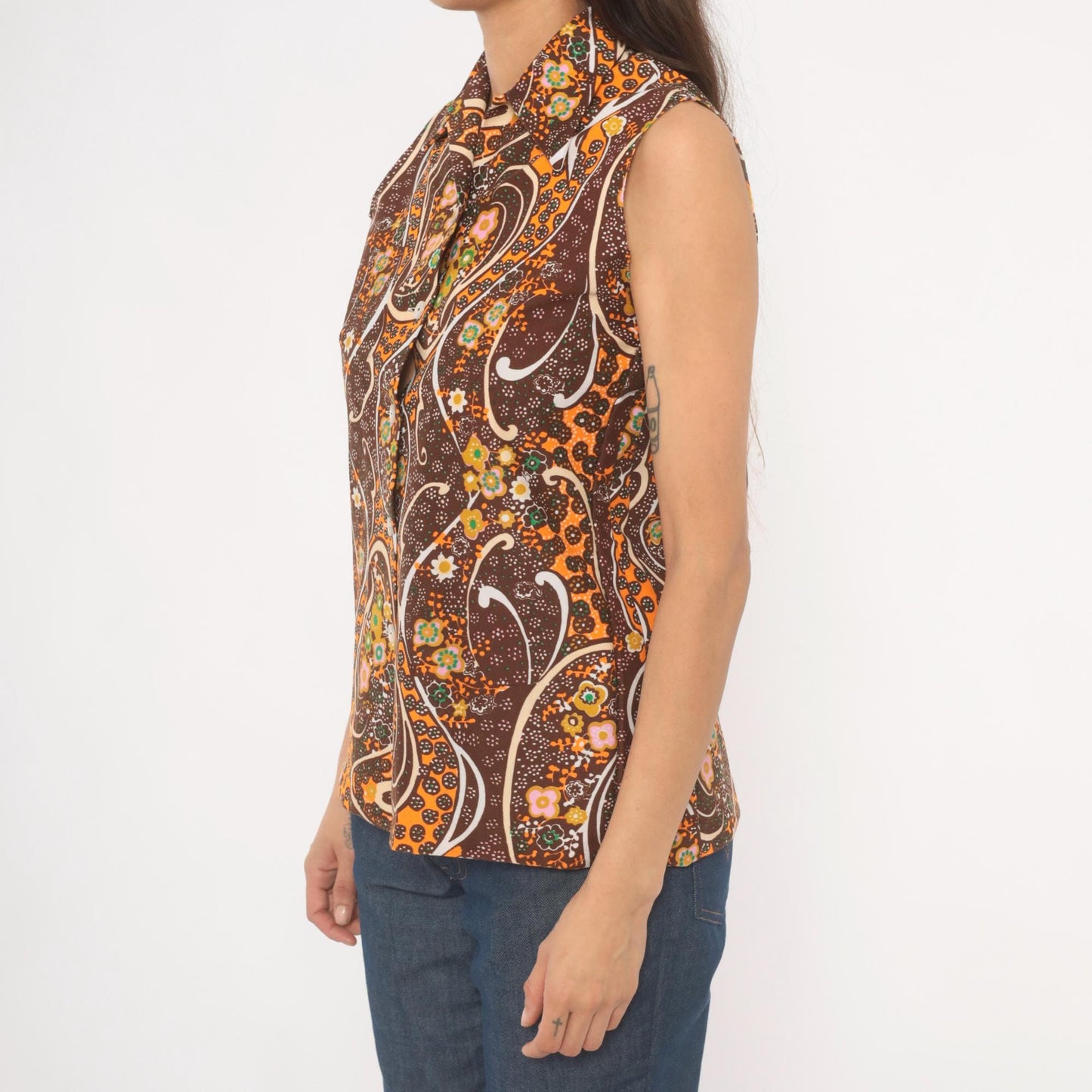 70s Psychedelic Paisley Sleeveless Blouse Brown Orange Floral Swirl Medium M