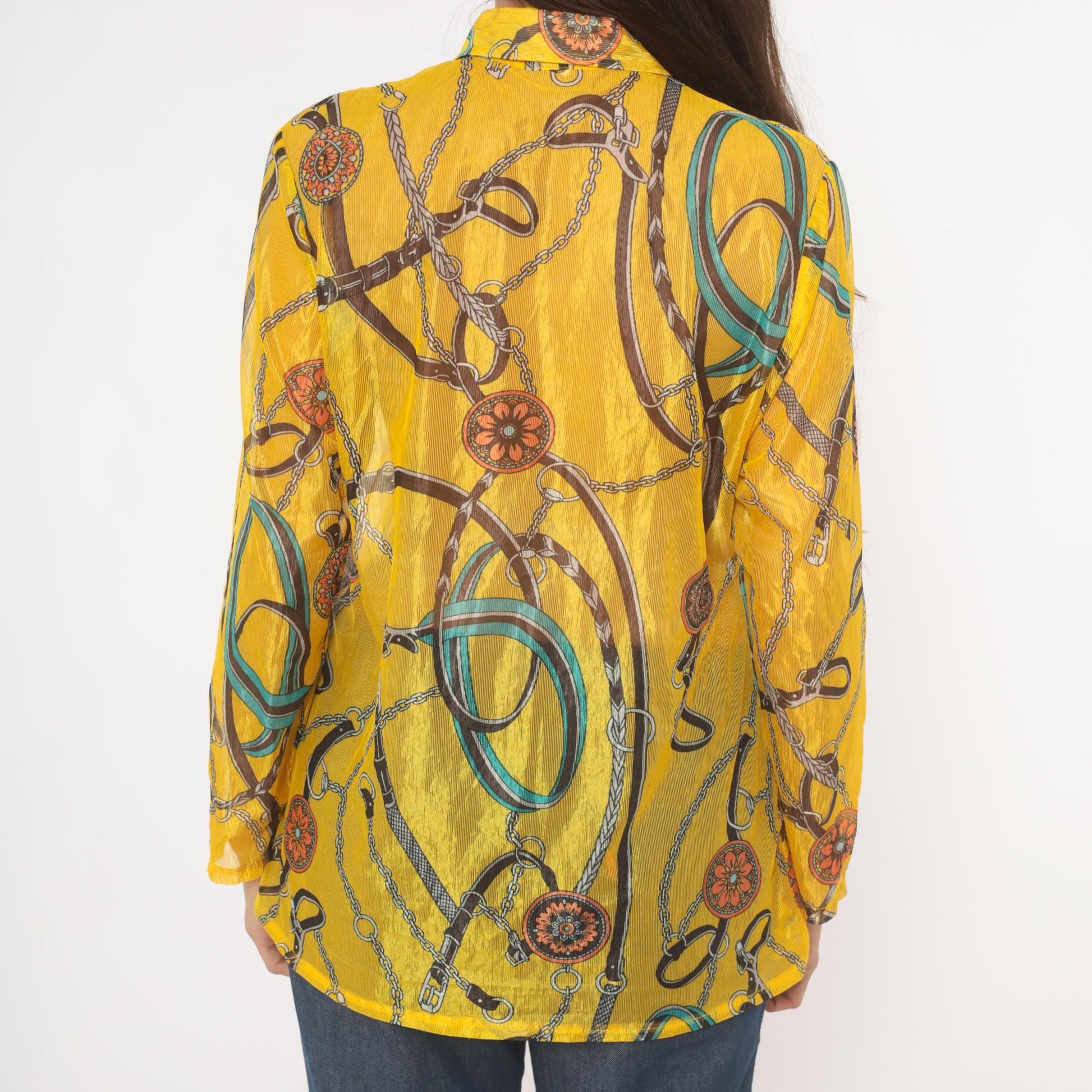 2000s Equestrian Chain Belt Print Sheer Blouse Mustard Gold Long Sleeve Large L