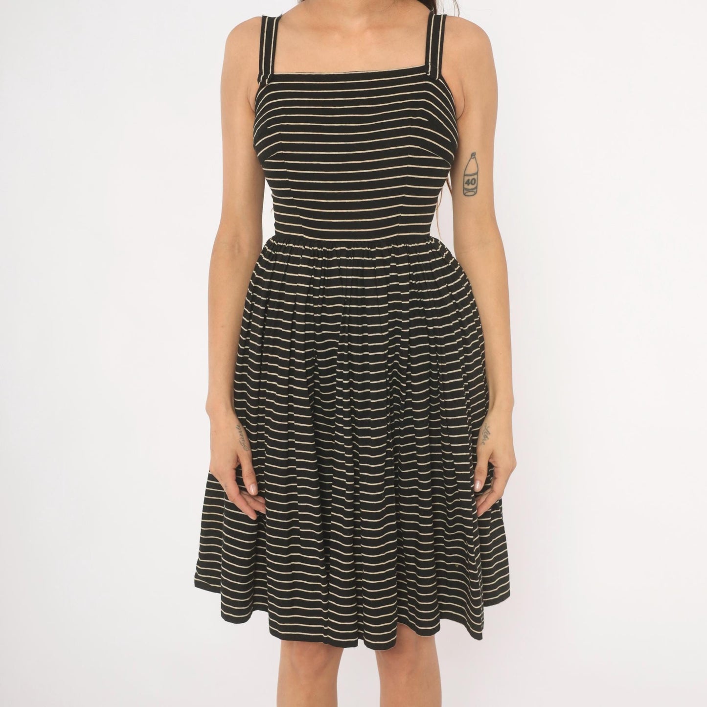 50s Lanz Original Black Pinstripe Sundress Square Neck Spaghetti Strap Extra Small